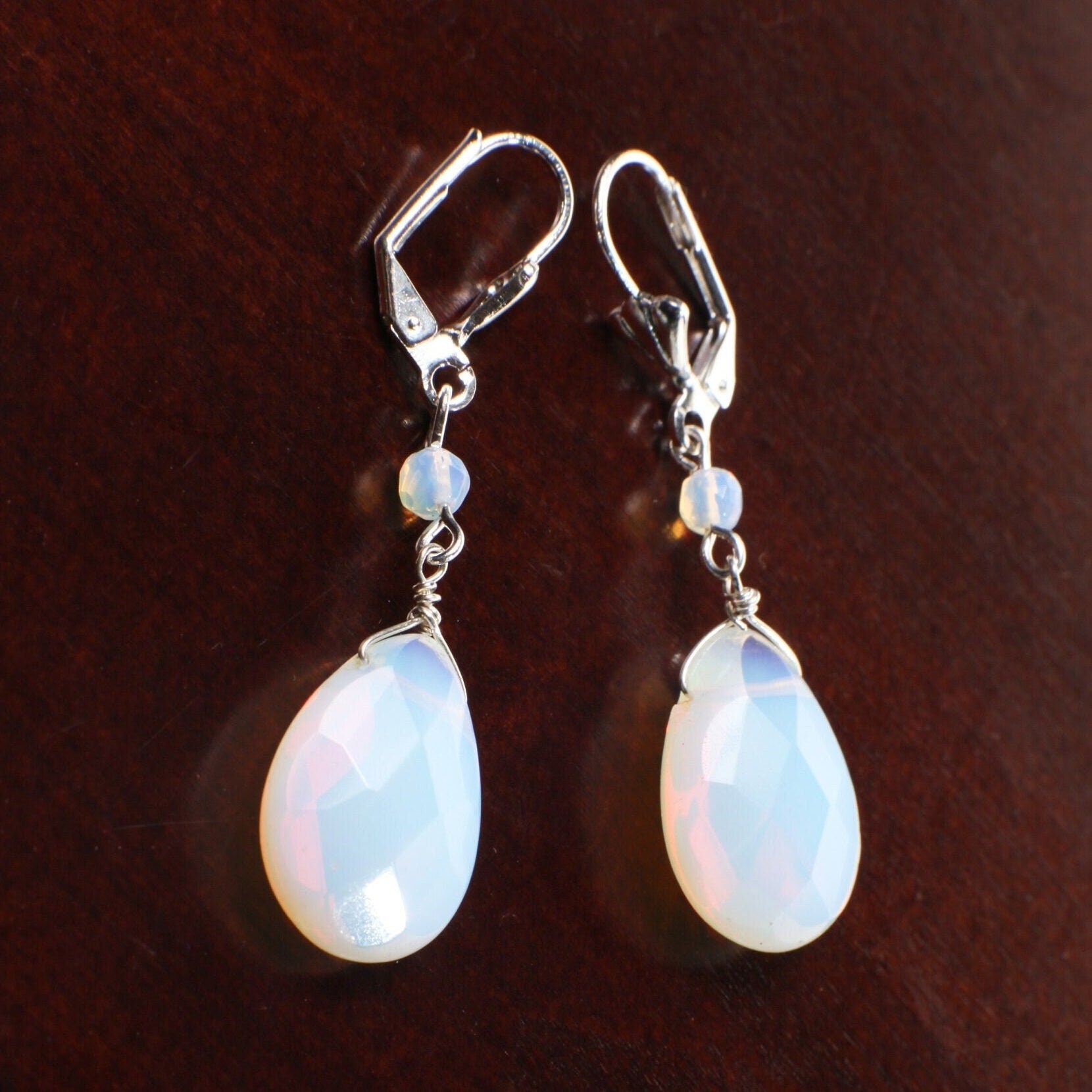 Opalite Faceted large drop Briolette 15x20mm Tear Drop Dangling with Opalite Rondelle in Silver Leverback Earrings