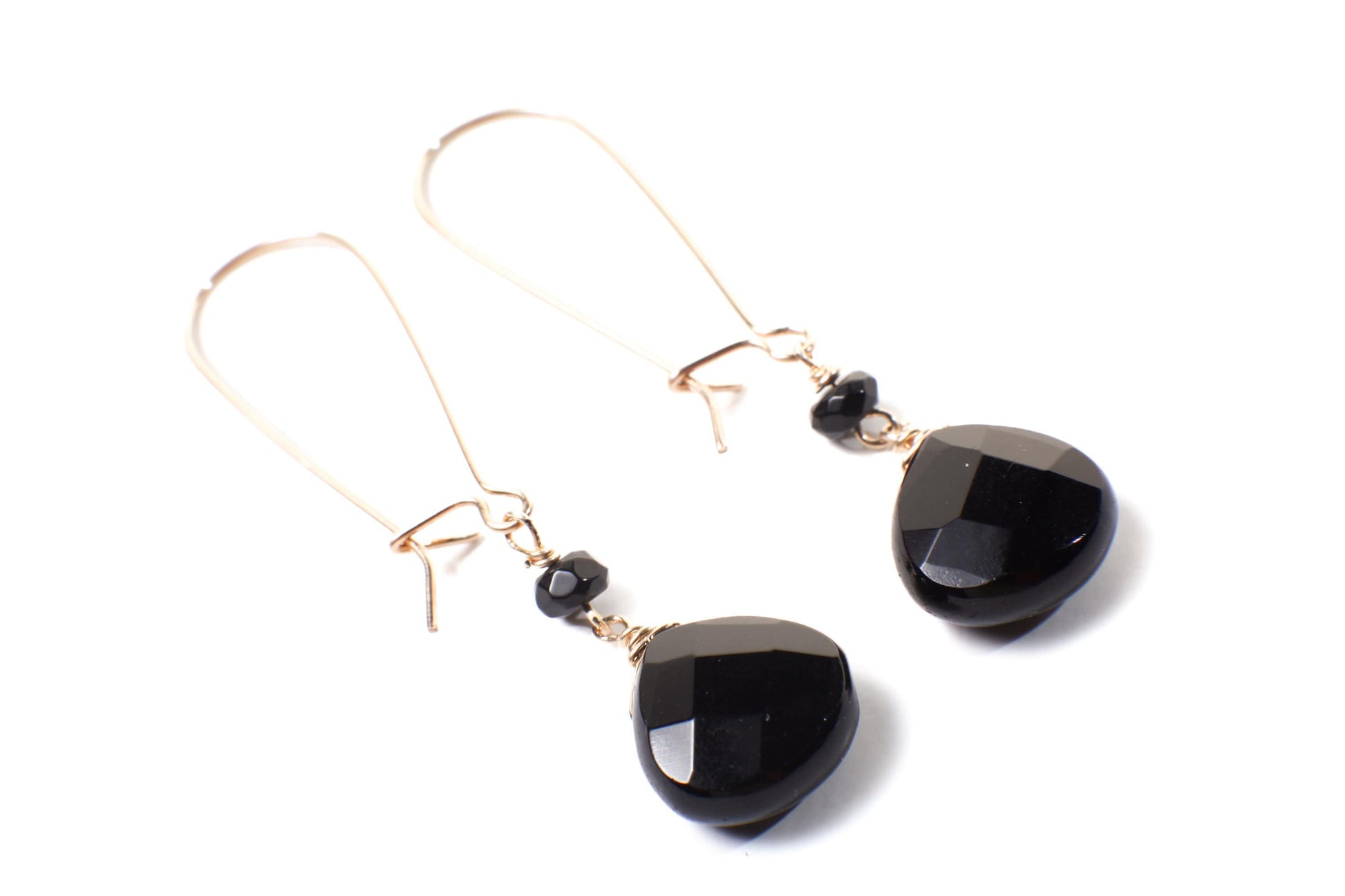 Black Onyx Faceted Teardrop Dangling Wire Wrapped Kidney Earwire in 14K Gold Filled, Also Available in 925 Sterling Silver