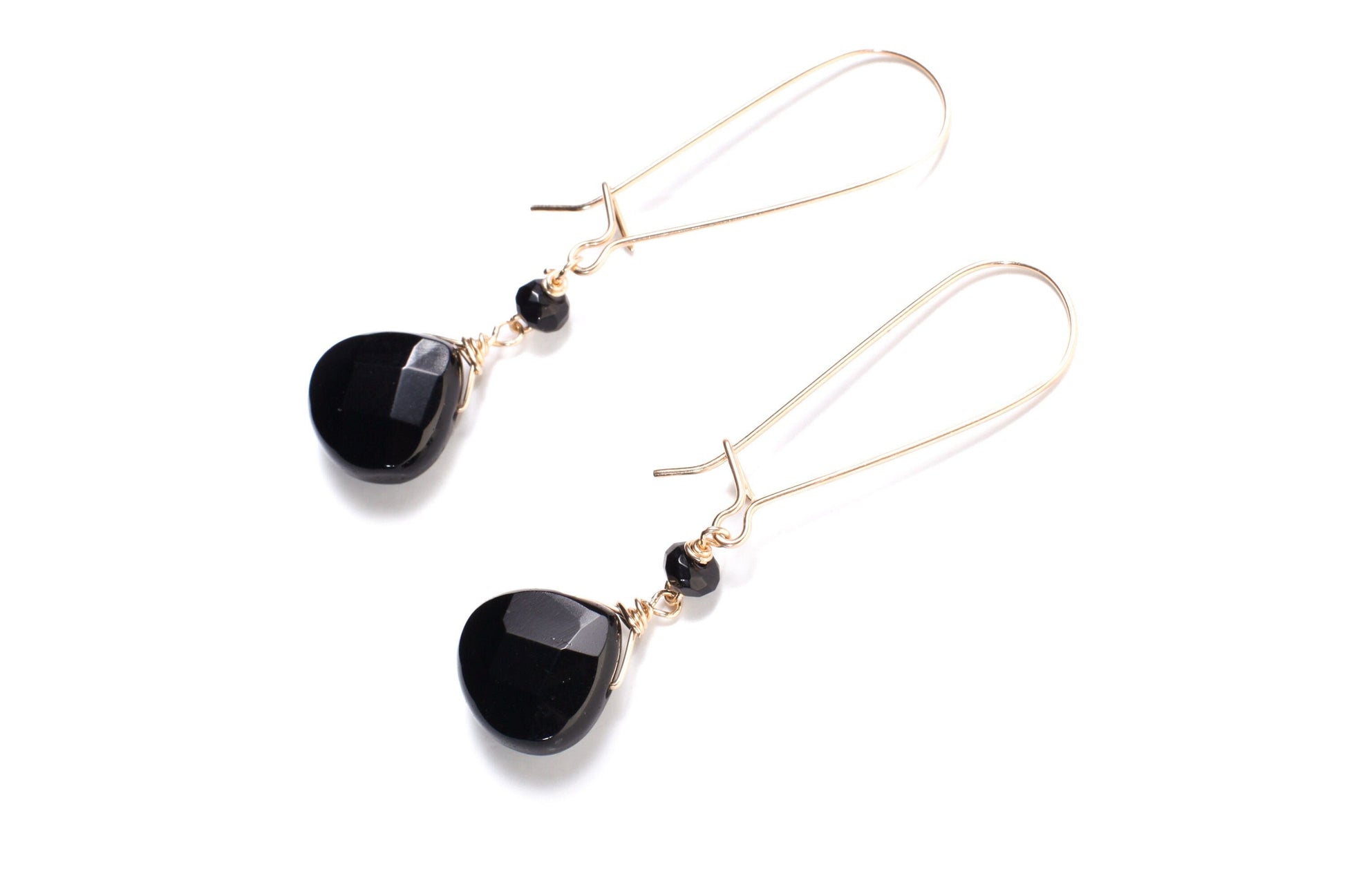 Black Onyx Faceted Teardrop Dangling Wire Wrapped Kidney Earwire in 14K Gold Filled, Also Available in 925 Sterling Silver