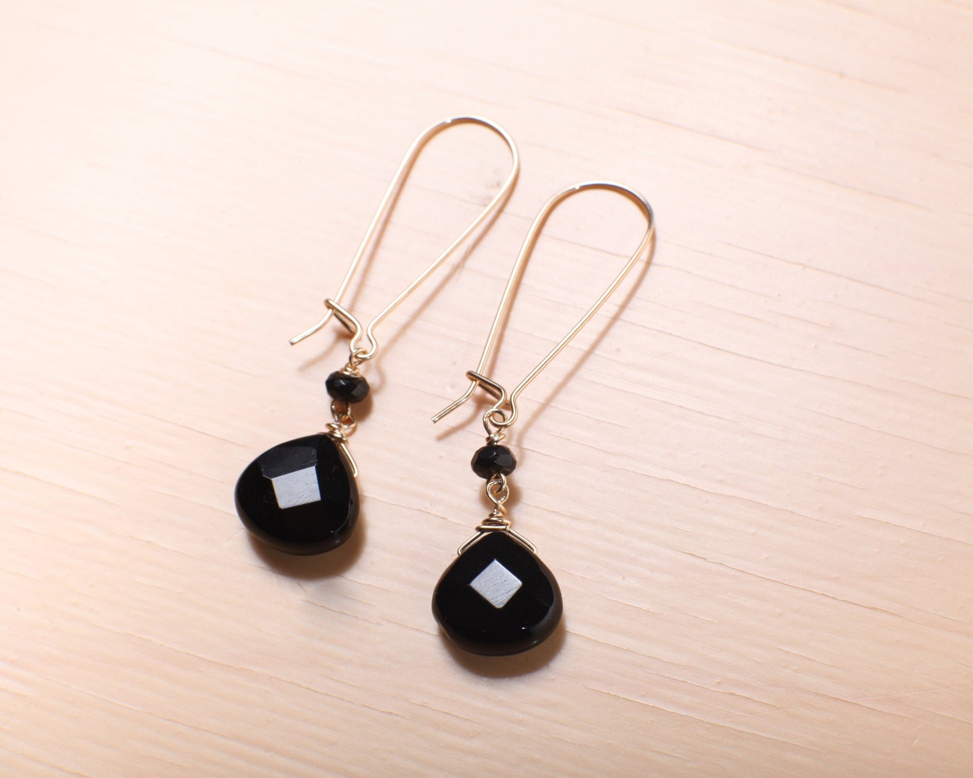 Black Onyx Faceted Teardrop Dangling Wire Wrapped Kidney Earwire in 14K Gold Filled, Also Available in 925 Sterling Silver