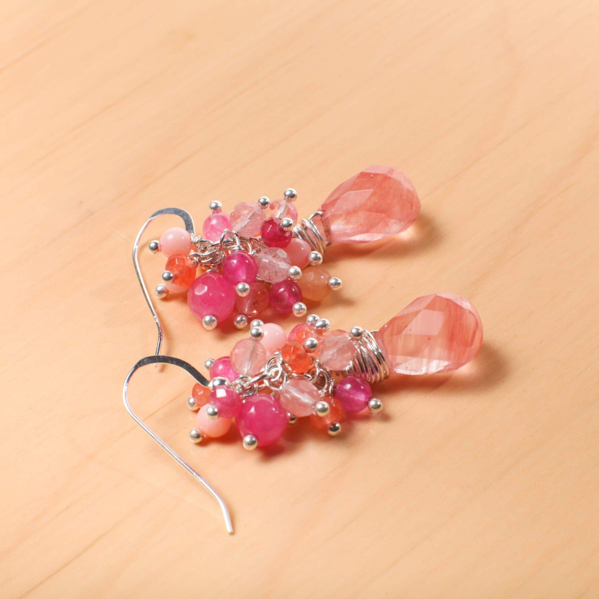 Strawberry Quartz Faceted 10x14mm drop , cluster with Pink Coral, Carnelian Cherry Quartz Wired 925 Sterling Silver Earring,summer gift