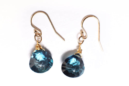 London Blue Topaz Quartz 12mm Faceted Heart Shape Pear Drop, Wire Wrapped handmade Earrings in 14K Gold Filled earrings Gift valentines