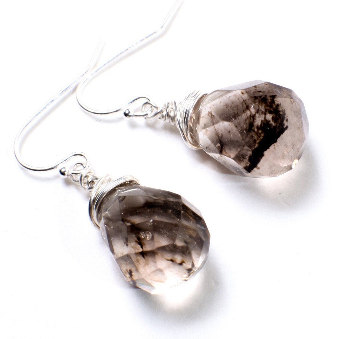 Black Rutilated Quartz Wire Wrapped 12x16mm drop in 925 Sterling Silver and 14K Gold Filled earrings in French Hook Earwire or Leverback.