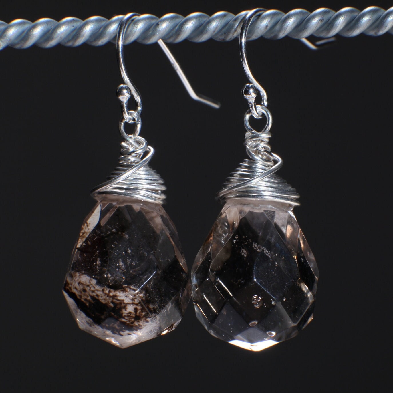 Black Rutilated Quartz Wire Wrapped 12x16mm drop in 925 Sterling Silver and 14K Gold Filled earrings in French Hook Earwire or Leverback.