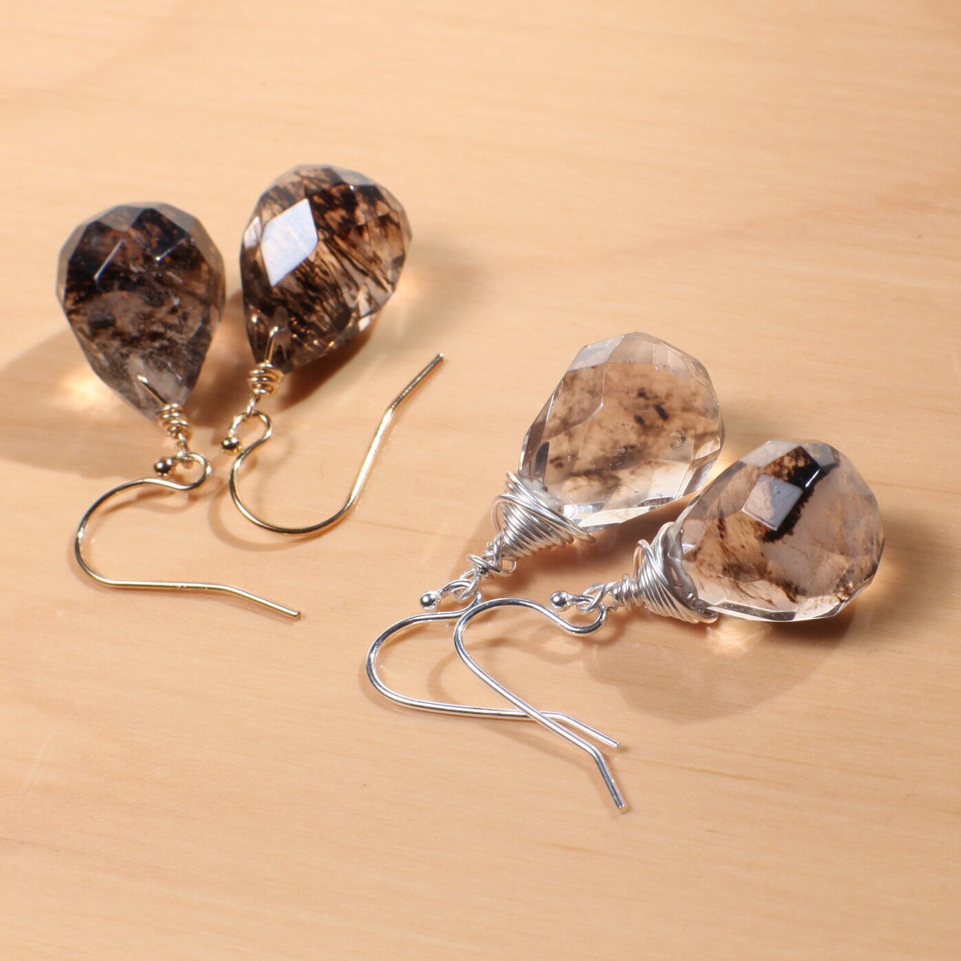 Black Rutilated Quartz Wire Wrapped 12x16mm drop in 925 Sterling Silver and 14K Gold Filled earrings in French Hook Earwire or Leverback.