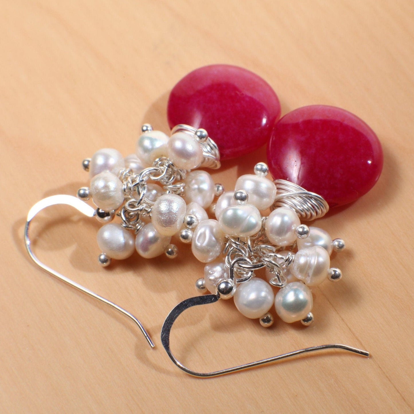 Freshwater Pearl Cluster with Hot Pink Fuchsia Quartz Teardrop Wire Wrapped Dangling Earrings in 925 Sterling Silver Earwire, Handmade Gift