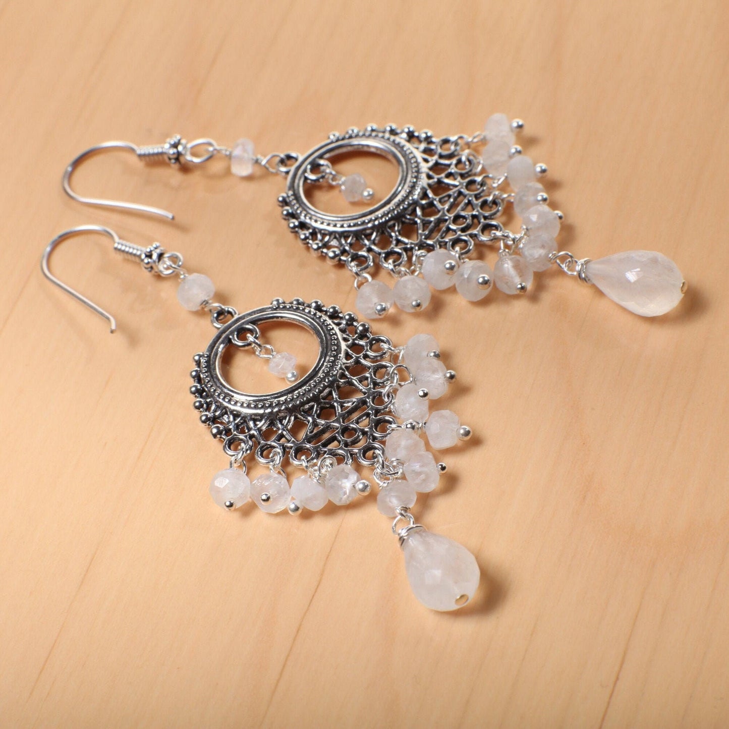 Moonstone Chandelier Earrings Briolette Teardrop Accents with Moonstone Clusters in 925 Sterling Bali Silver Ear Wire, Bridal Earrings