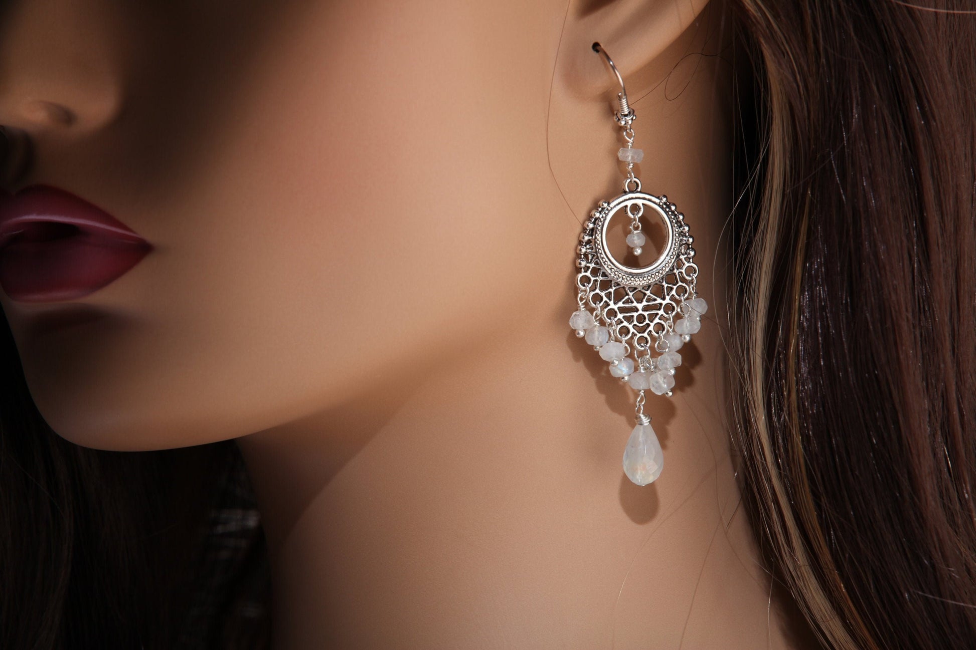 Moonstone Chandelier Earrings Briolette Teardrop Accents with Moonstone Clusters in 925 Sterling Bali Silver Ear Wire, Bridal Earrings