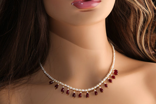 Genuine Freshwater Pearl and Garnet Wire Wrapped Drop Handmade Bib Necklace. Available in Gold or Silver. Gift For her