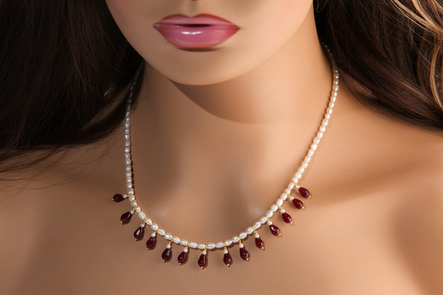 Genuine Freshwater Pearl and Garnet Wire Wrapped Drop Handmade Bib Necklace. Available in Gold or Silver. Gift For her