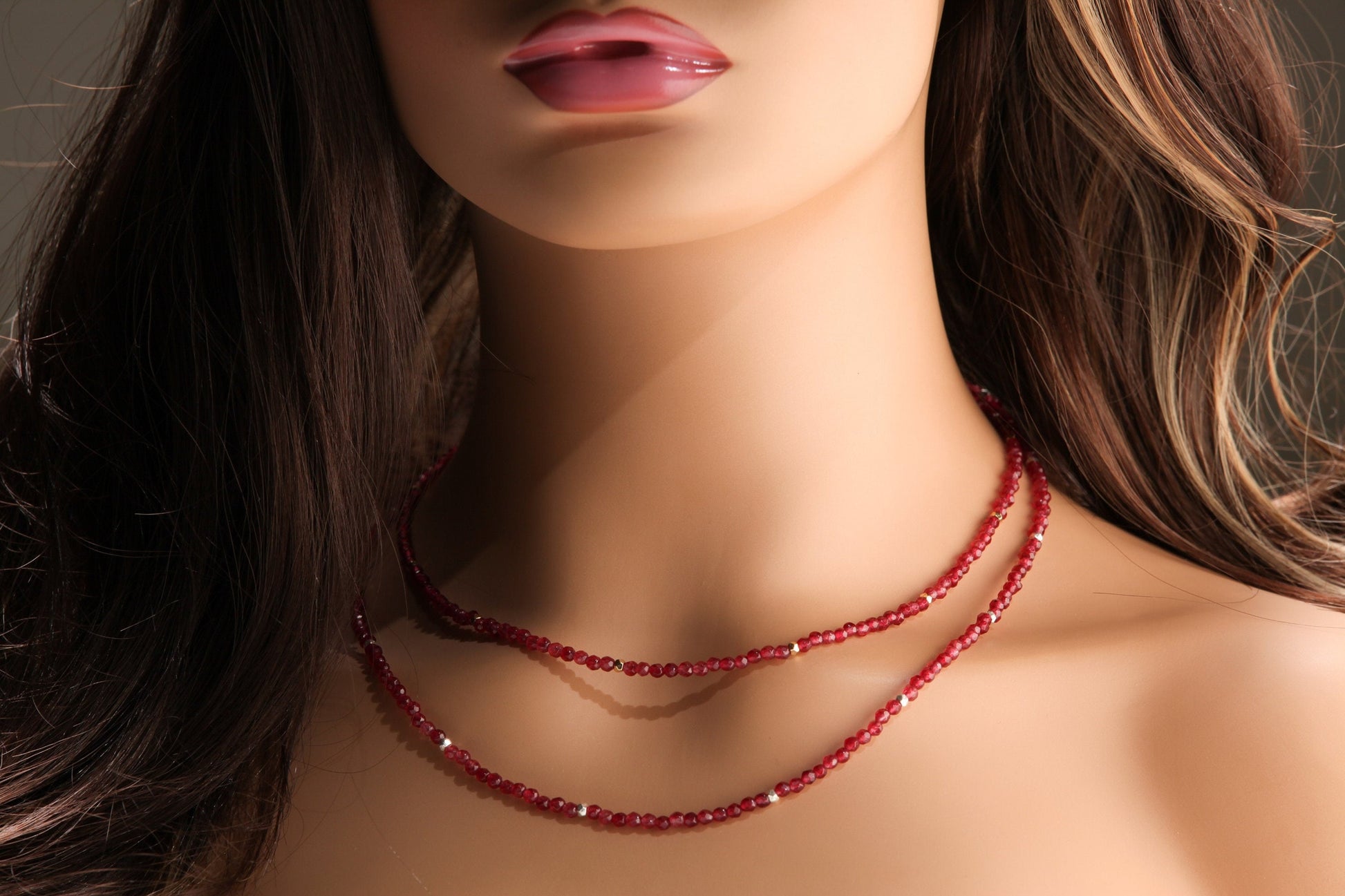 Red Onyx 4mm Faceted Round Choker Necklace with Gold or Silver Diamond Cut Spacer