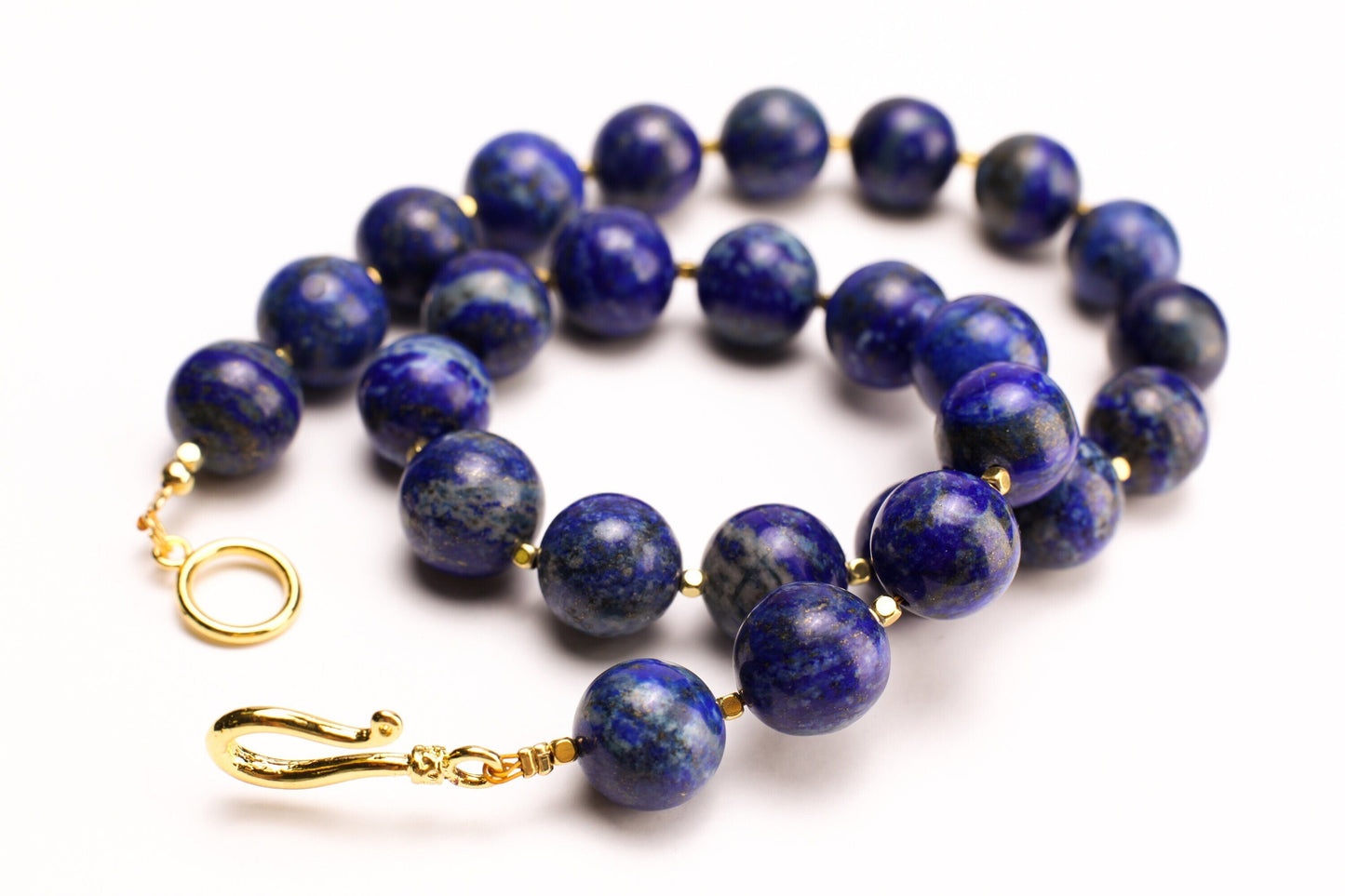 Natural Lapis Lazuli 16mm Plain Round with Gold Bali Style Spacer, Handmade Necklace