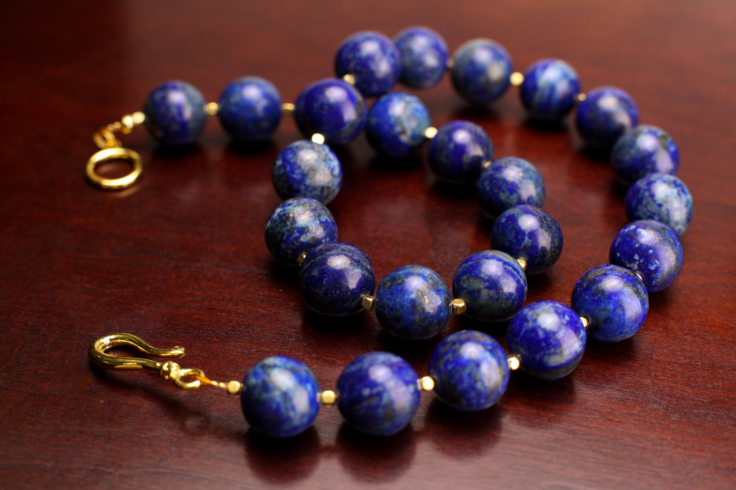 Natural Lapis Lazuli 16mm Plain Round with Gold Bali Style Spacer, Handmade Necklace