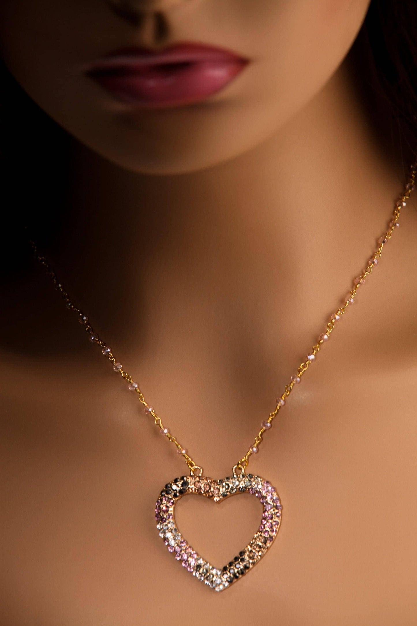 Cubic Zirconia CZ Diamond Style 39mm Heart Pendant, Gold Pink Crystal Wire Wrapped chain Necklace, valentines Gift for her