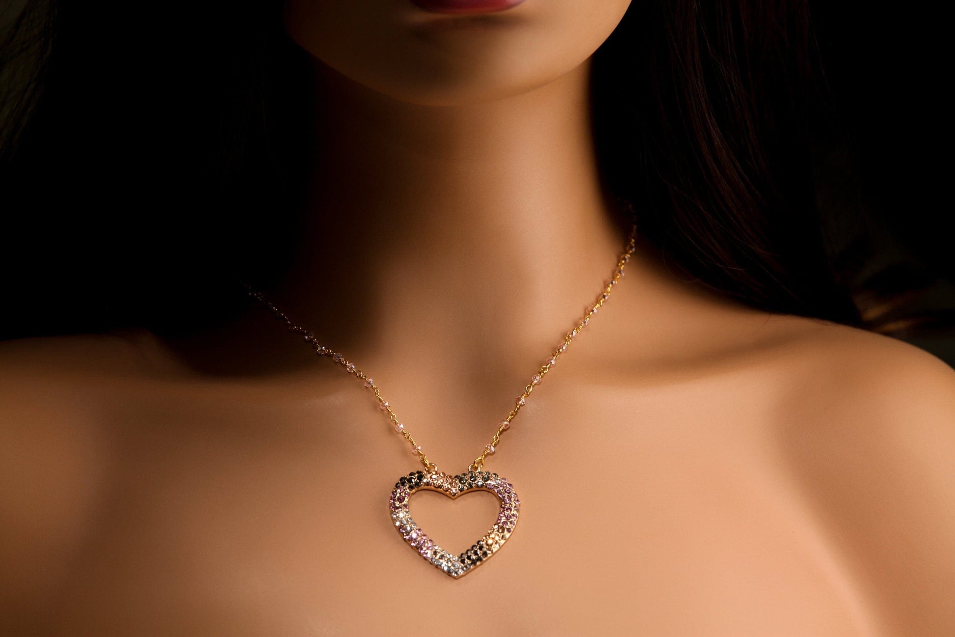 Cubic Zirconia CZ Diamond Style 39mm Heart Pendant, Gold Pink Crystal Wire Wrapped chain Necklace, valentines Gift for her