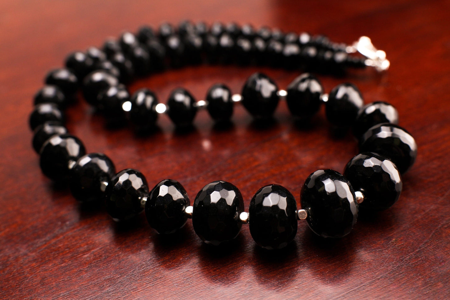 Black Onyx Faceted Graduated Rondelle 7-17mm with Silver Bali Style Spacers And toggle clasp 18&quot; Necklace