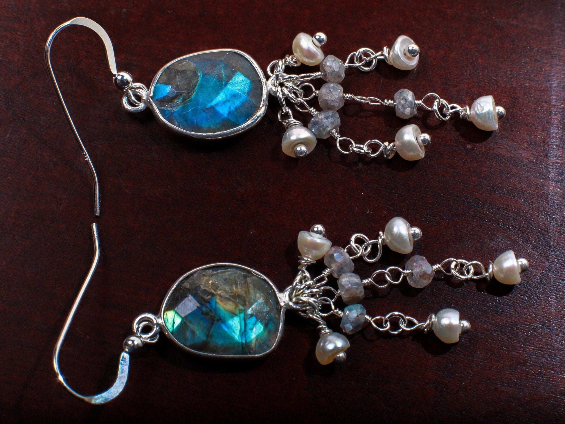 Natural Labradorite Oval Free Form Bezel and Fresh Water Pearl, Labradorite Clusters in .925 Sterling Silver Earrings