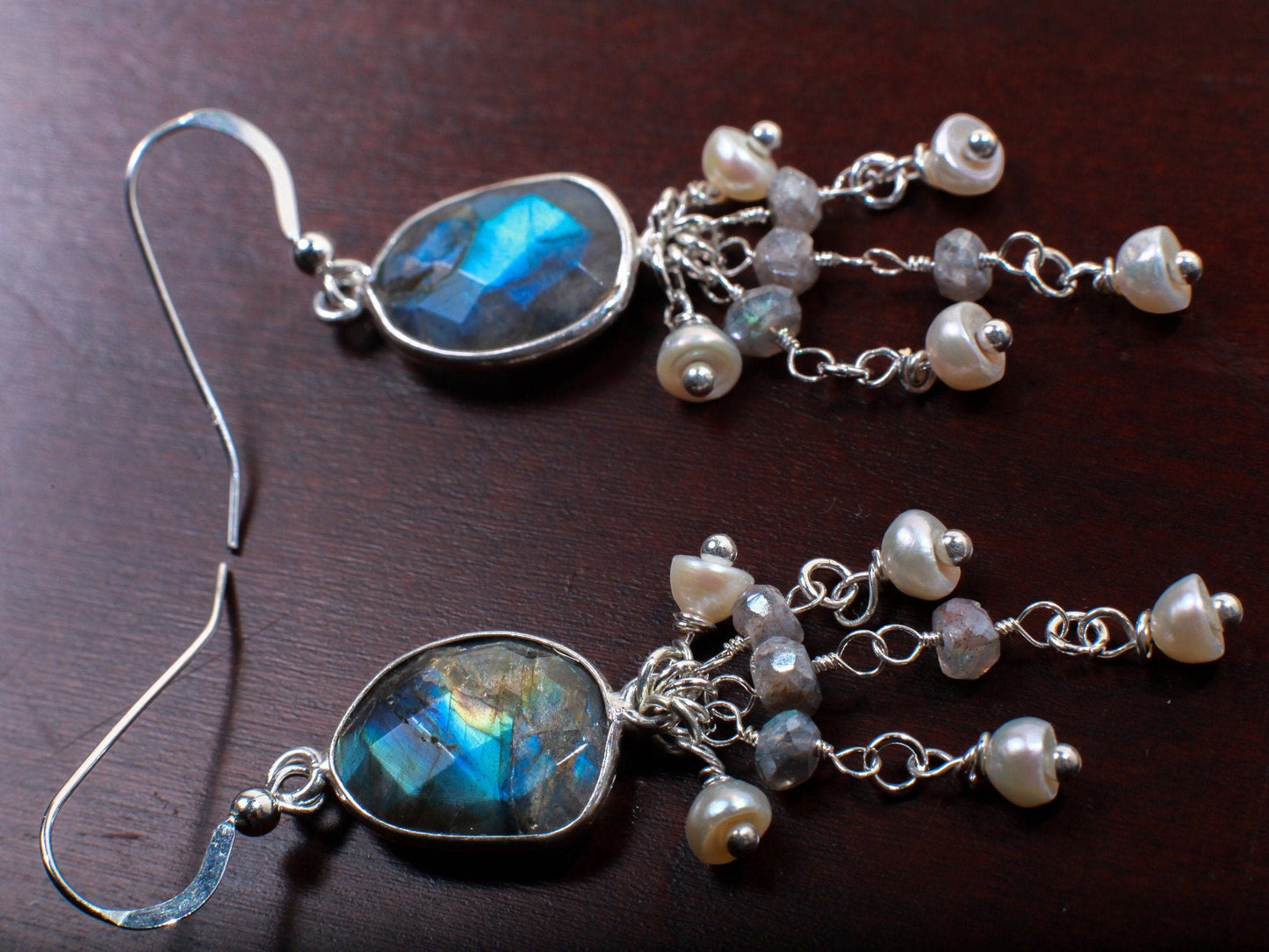 Natural Labradorite Oval Free Form Bezel and Fresh Water Pearl, Labradorite Clusters in .925 Sterling Silver Earrings