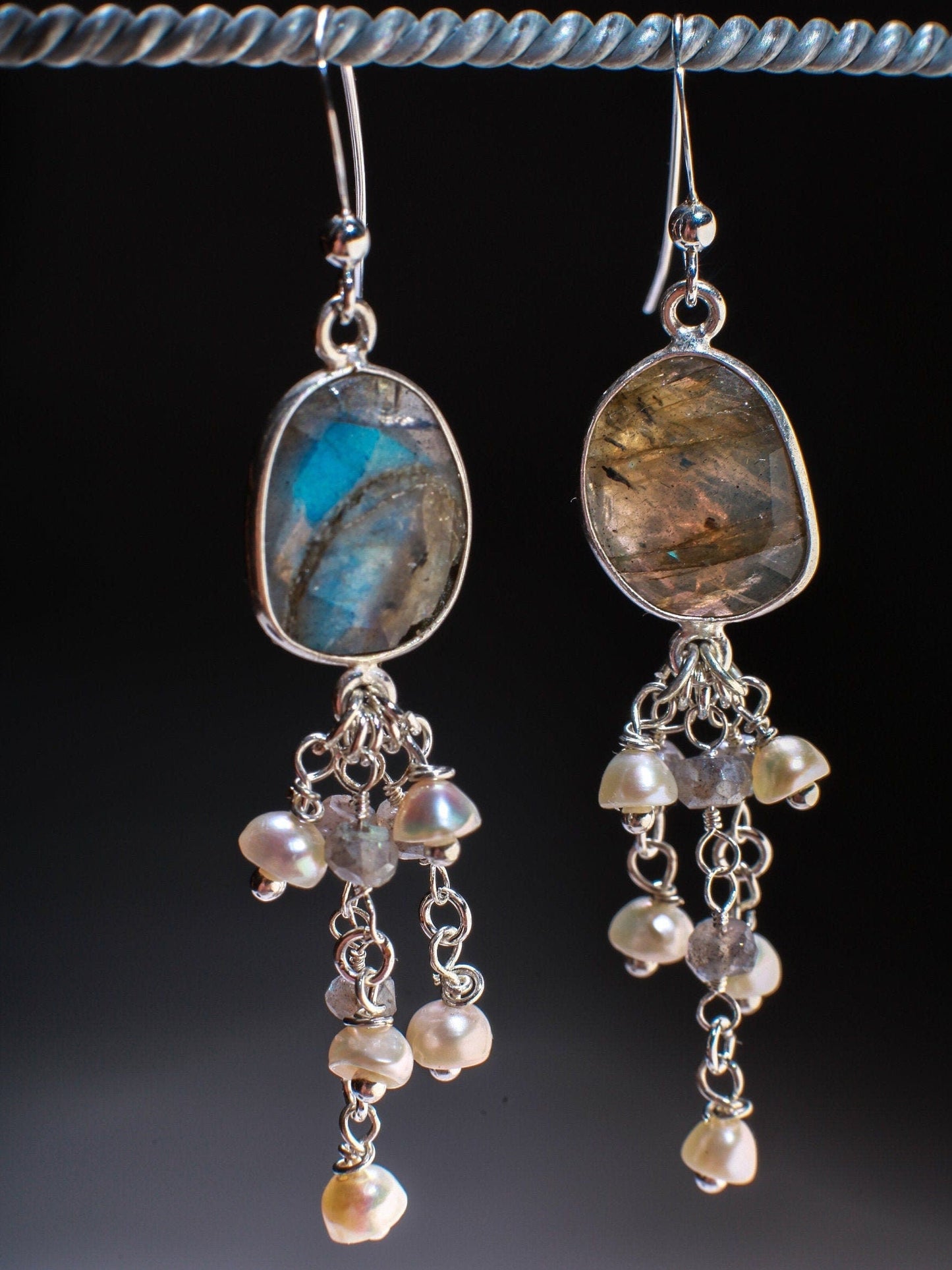 Natural Labradorite Oval Free Form Bezel and Fresh Water Pearl, Labradorite Clusters in .925 Sterling Silver Earrings