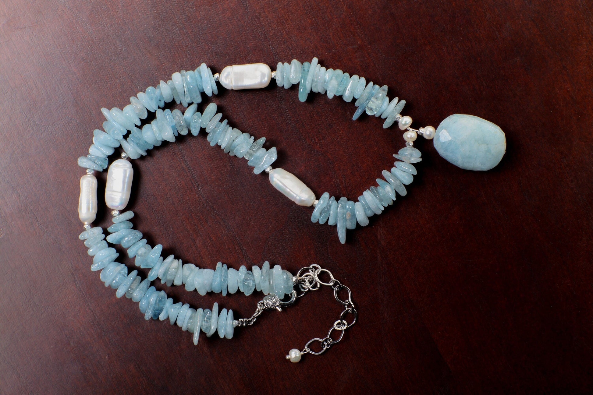 Natural Aquamarine Faceted Free Form tumbled chips nugget, Aquamarine Pendant, Biwa Freshwater stick Pearl spacer,19”&2”ext,gift , Chakra