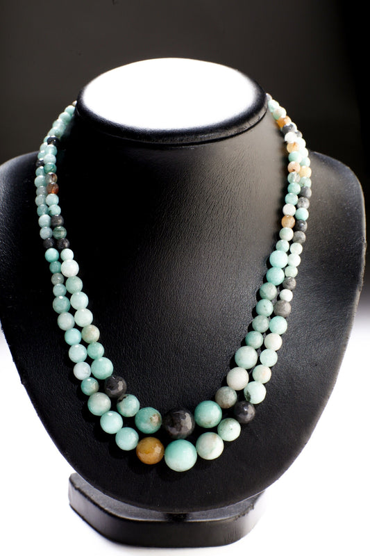 Multi Amazonite Graduated Faceted Round 2 Line Adjustable 19&quot; Gemstone Necklace with 3&quot; Extension, Gift For Her