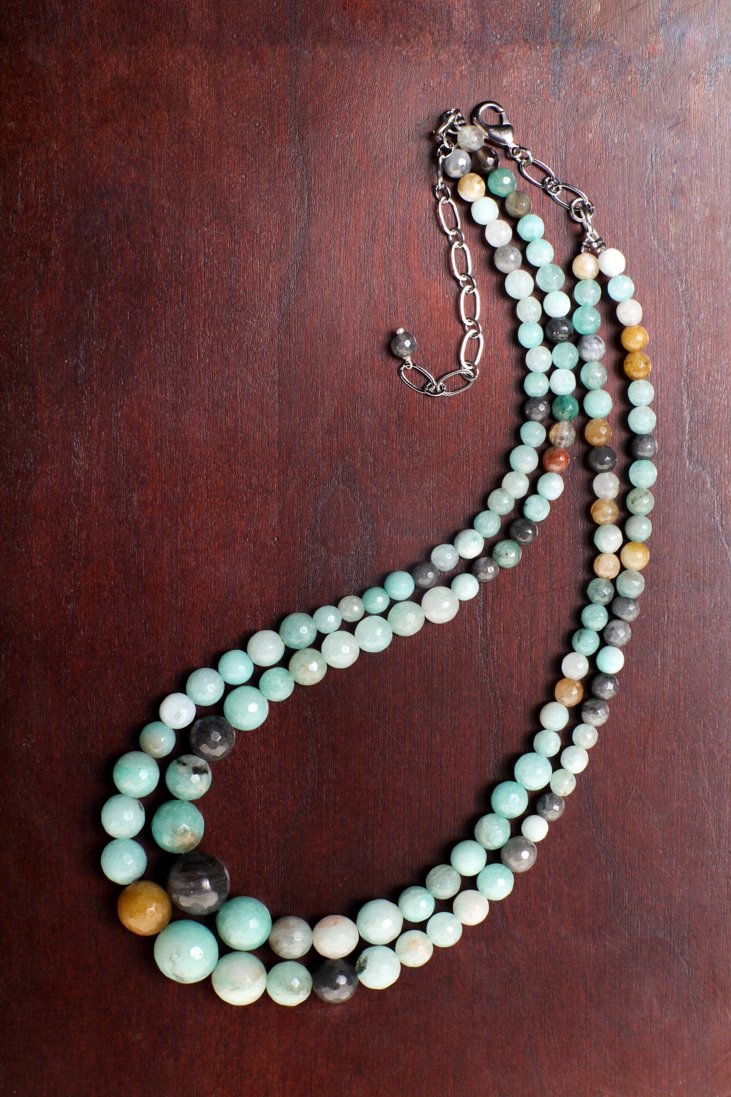 Multi Amazonite Graduated Faceted Round 2 Line Adjustable 19&quot; Gemstone Necklace with 3&quot; Extension, Gift For Her