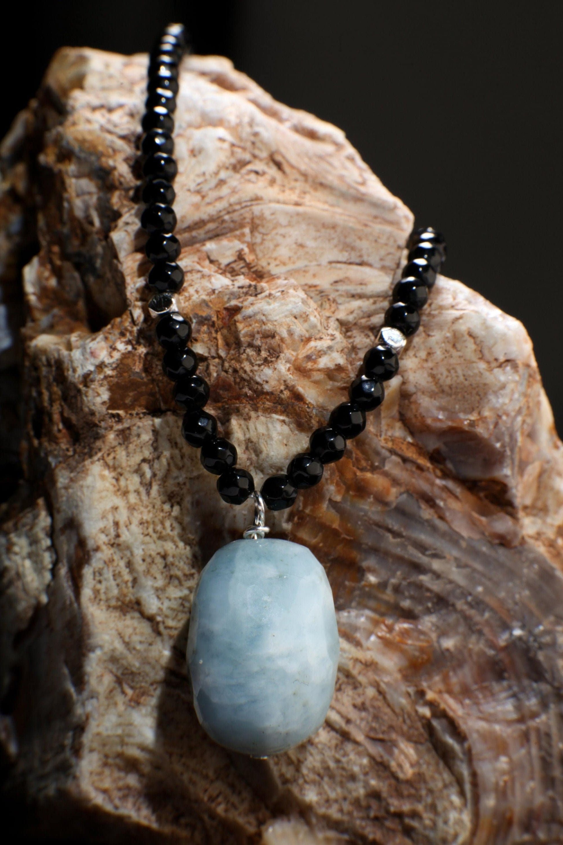 Aquamarine Pendant Necklace, Genuine Aquamarine Faceted Free Form Pendant with Black Onyx Faceted Rondelle 22" Necklace