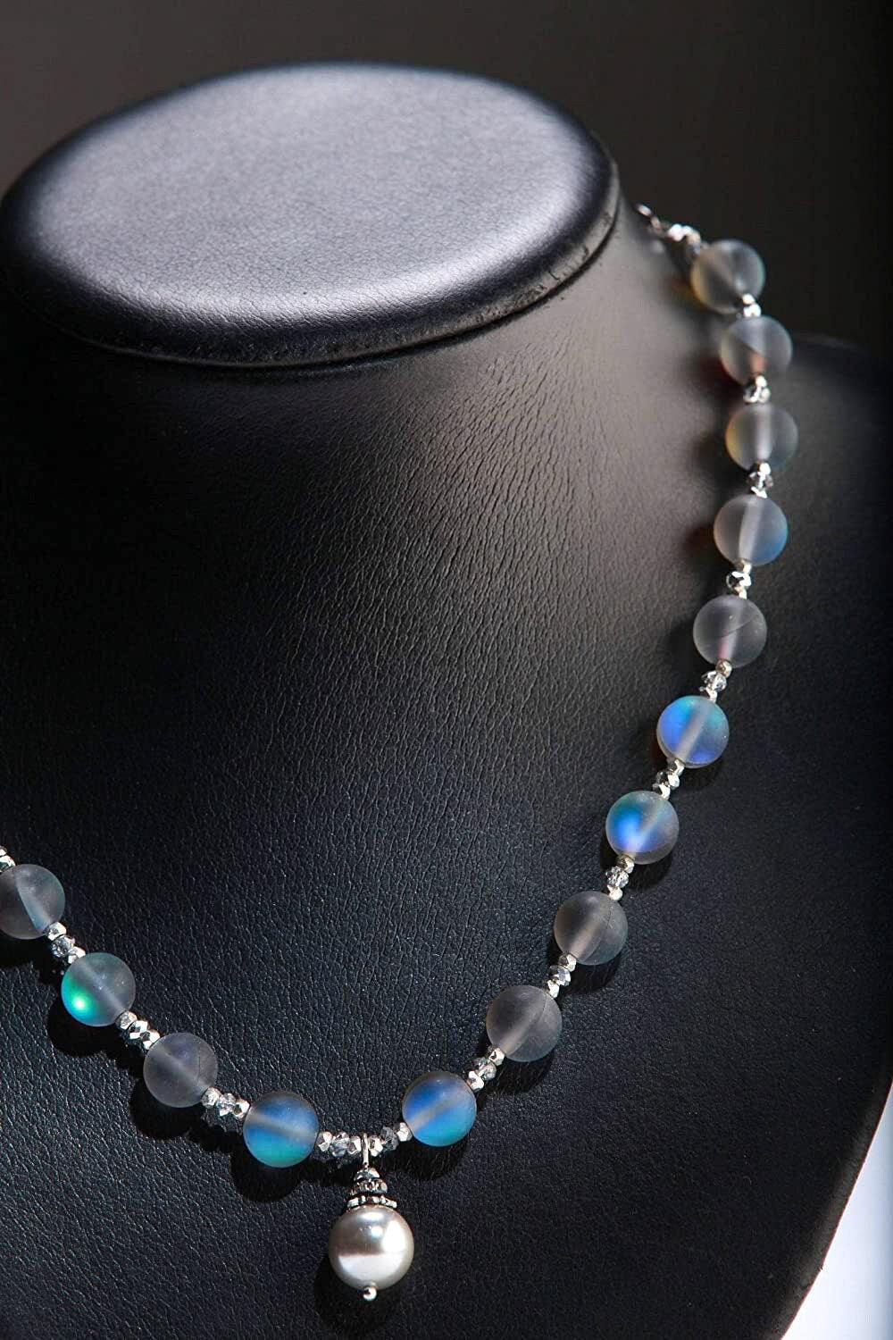 Matte Sea Glass, Mermaid glow Bead 10mm Round with South Seashell Pearl 14mm Pendant 18" Necklace with 3" Extension