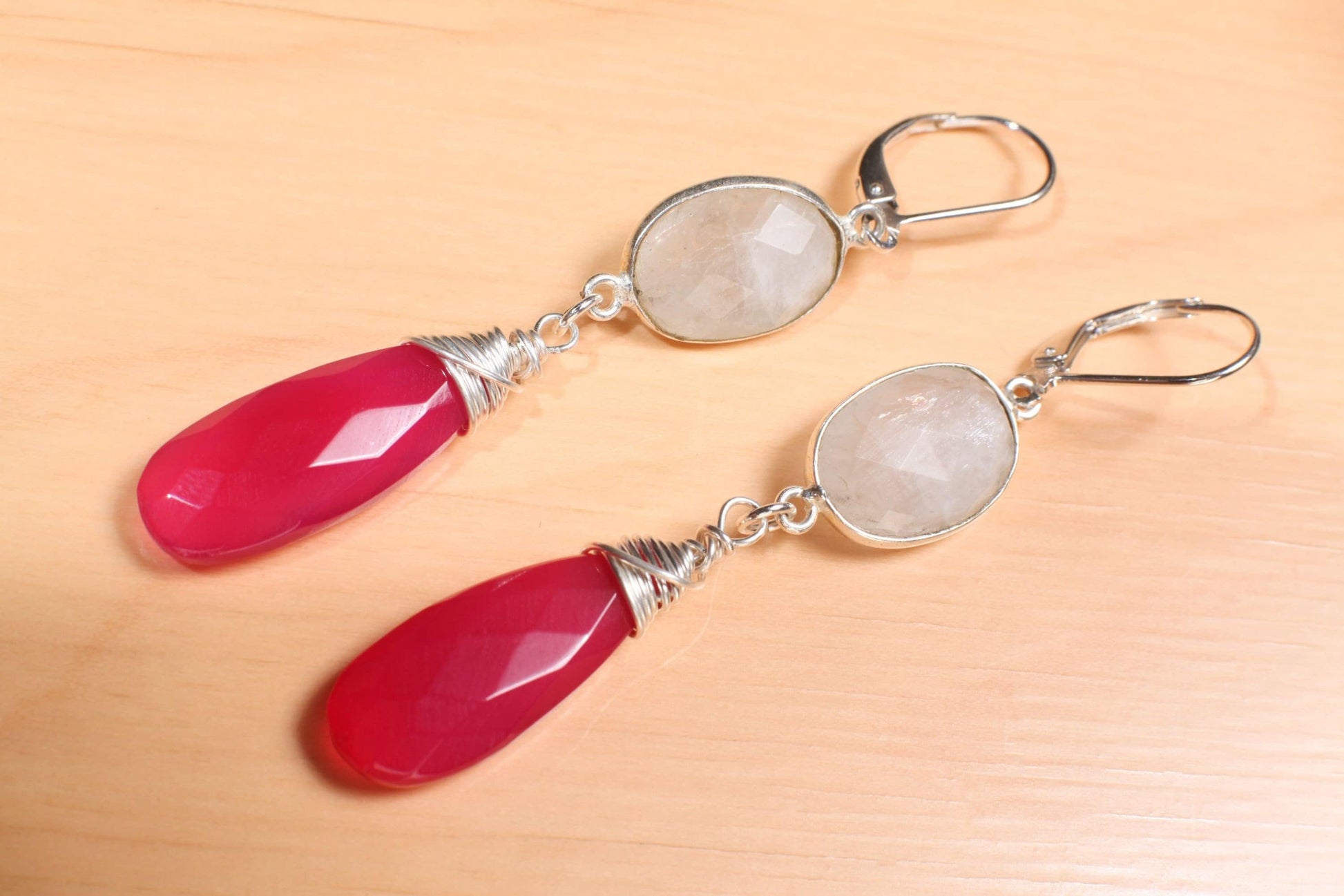 Moonstone in Sterling Silver Bezel with Dangle Hot Pink Chalcedony 9.5x25mm Wire Wrapped Briolette Teardrop in 925 Sterling Silver Leverback