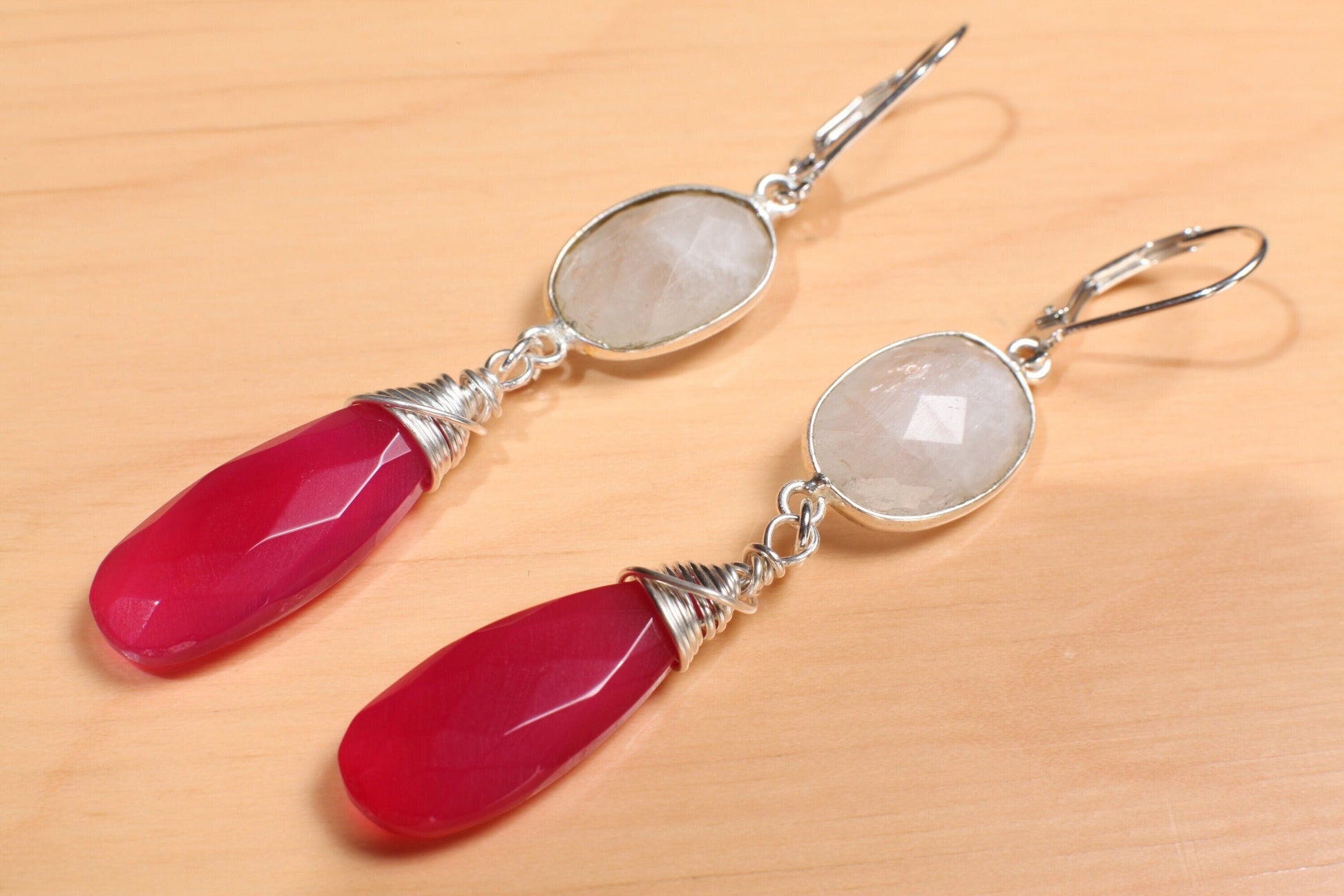 Moonstone in Sterling Silver Bezel with Dangle Hot Pink Chalcedony 9.5x25mm Wire Wrapped Briolette Teardrop in 925 Sterling Silver Leverback