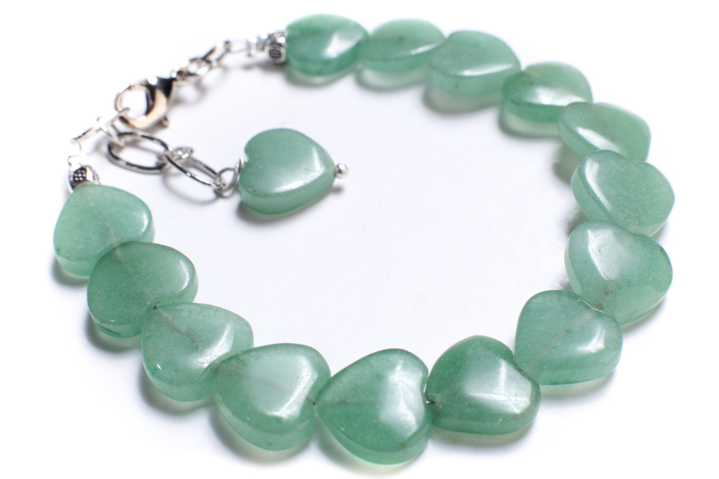 Natural Green Aventurine 12mm Heart Bracelet with 1&quot; extension, Rhodium Silver, Aventurine Healing Gemstone, Gift for Her