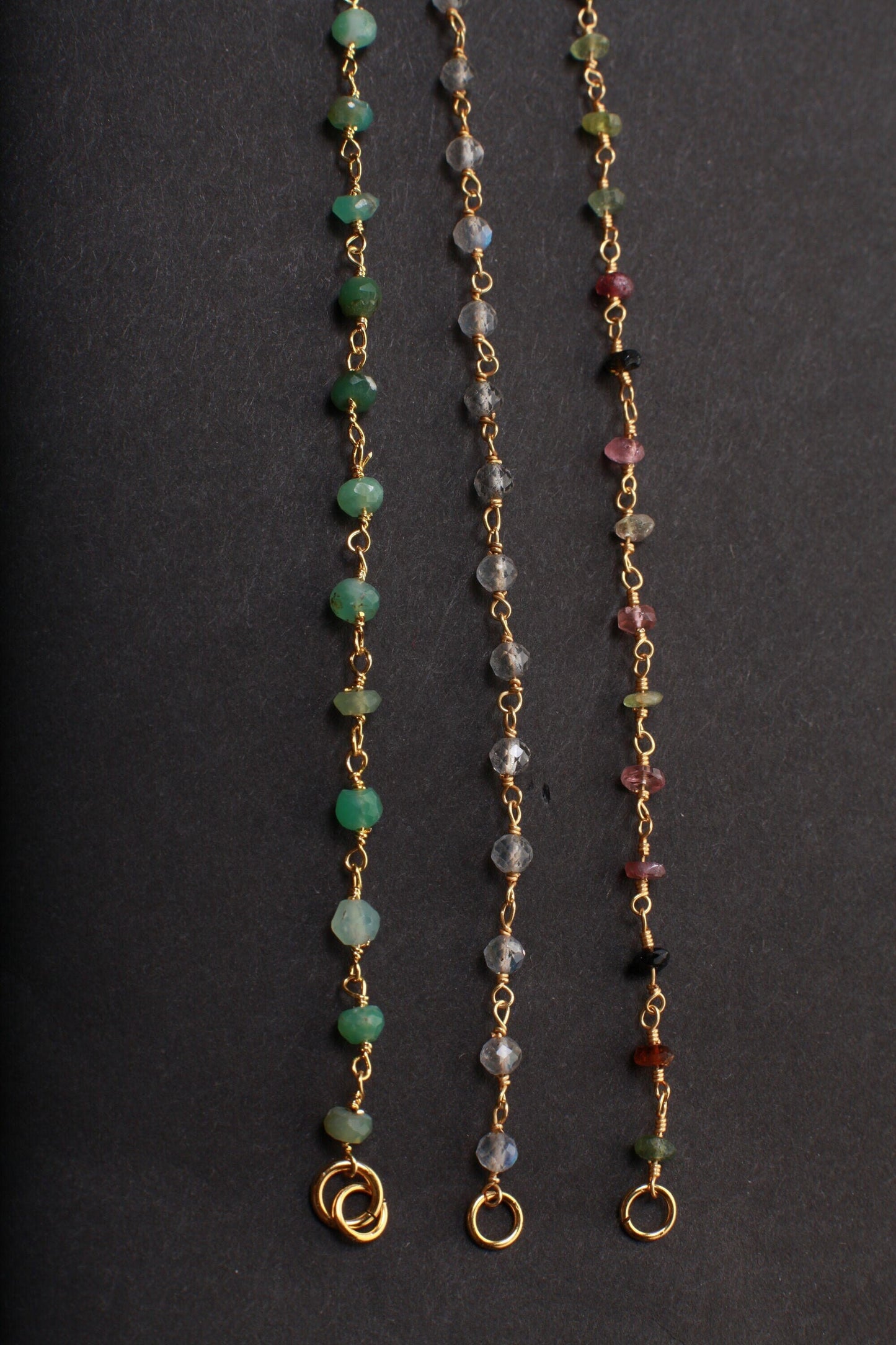 Chrysoprase,Labradorite,Tourmaline,Peridot,Opal,Pyrite,Amazonite,Aquamarine,Spinel,Moonstone ,Iolite, TQ Gold Rosary Finished Chain Necklace