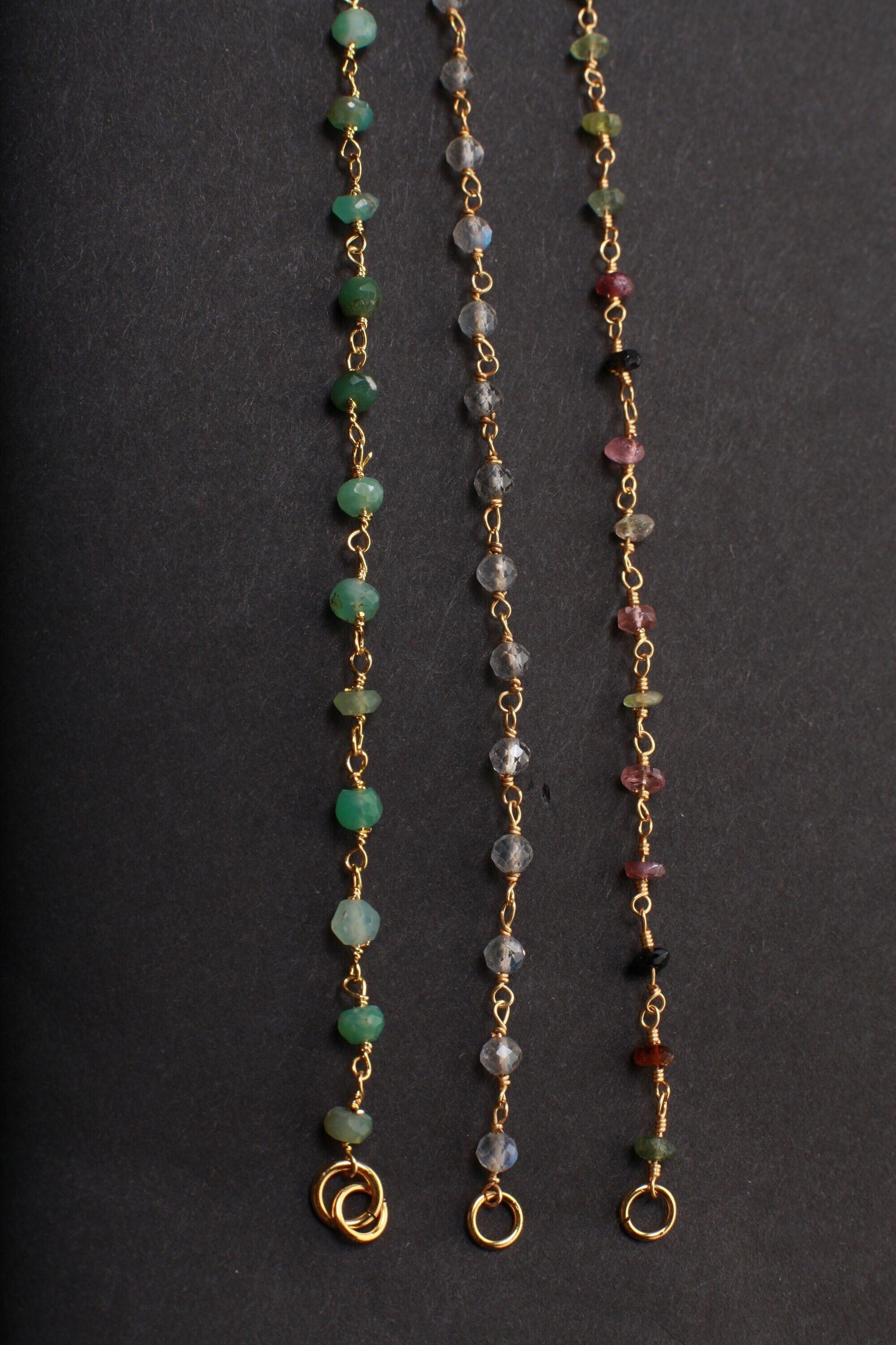 Chrysoprase,Labradorite,Tourmaline,Peridot,Opal,Pyrite,Amazonite,Aquamarine,Spinel,Moonstone ,Iolite, TQ Gold Rosary Finished Chain Necklace