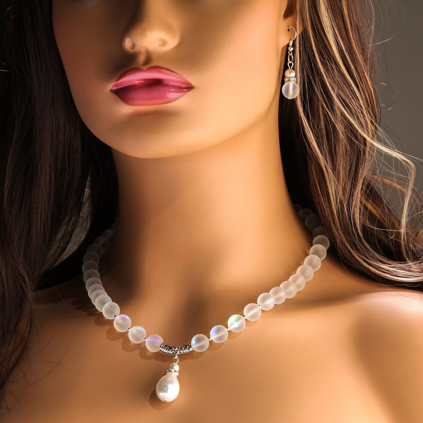Mermaid Sea Glass 10mm Round with Baroque South Seashell Pearl Briolette Pendant 18.5" Necklace, 3" Extension, Matching Earrings Jewelry Set