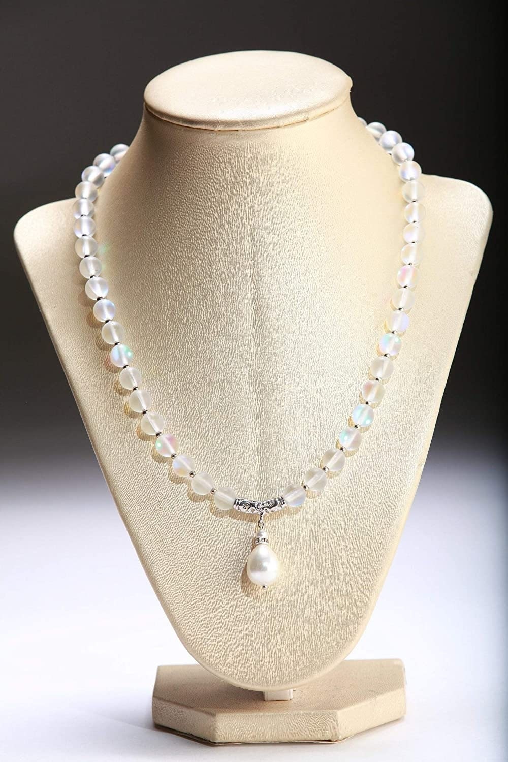 Mermaid Sea Glass 10mm Round with Baroque South Seashell Pearl Briolette Pendant 18.5" Necklace, 3" Extension, Matching Earrings Jewelry Set