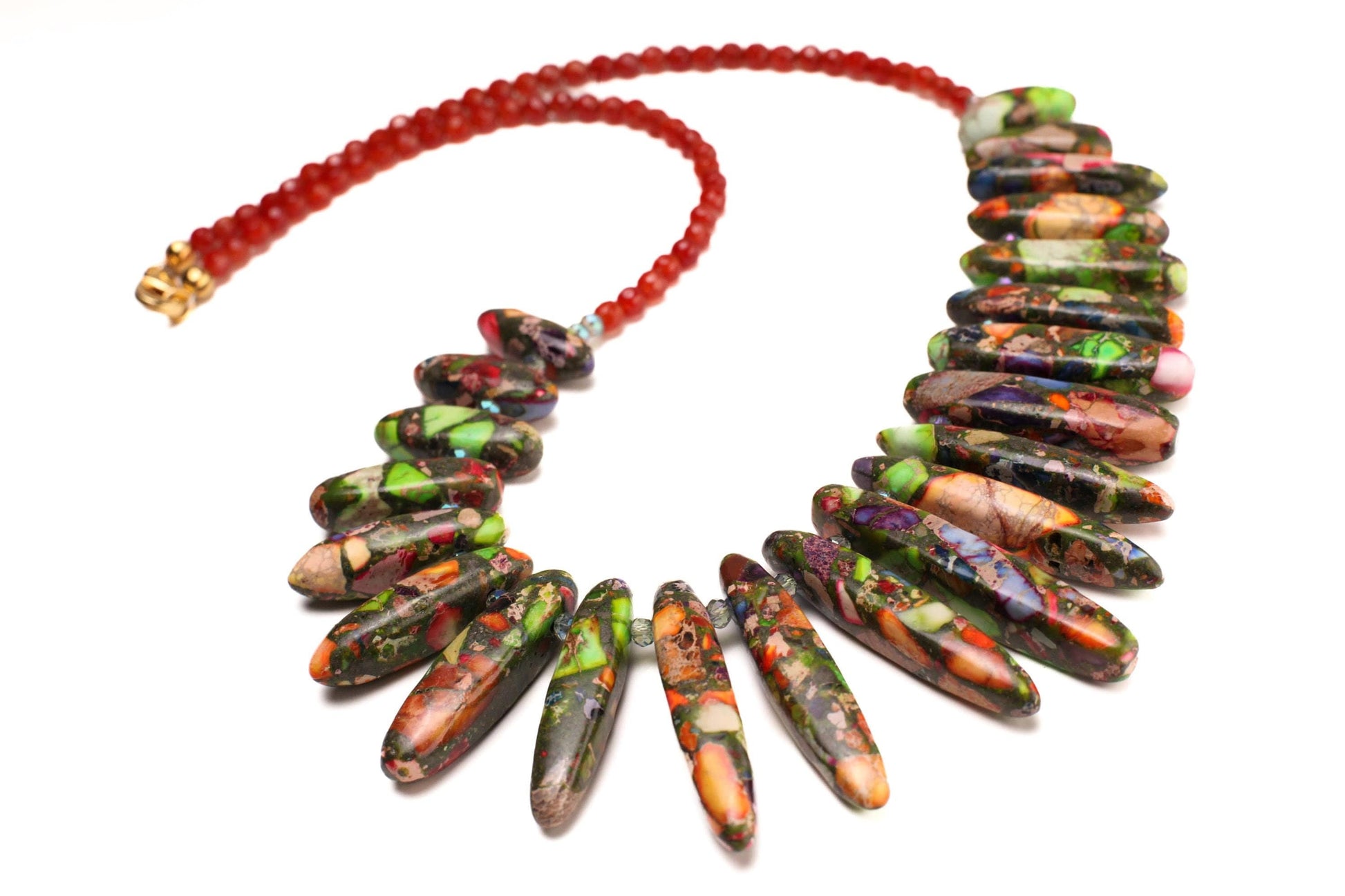 Multi Color Graduated Impression Jasper 28-45mm spike Necklace, 4mm Faceted Carnelian, Gold, Boho Statement Bib Necklace 18&quot;+2&quot; extension