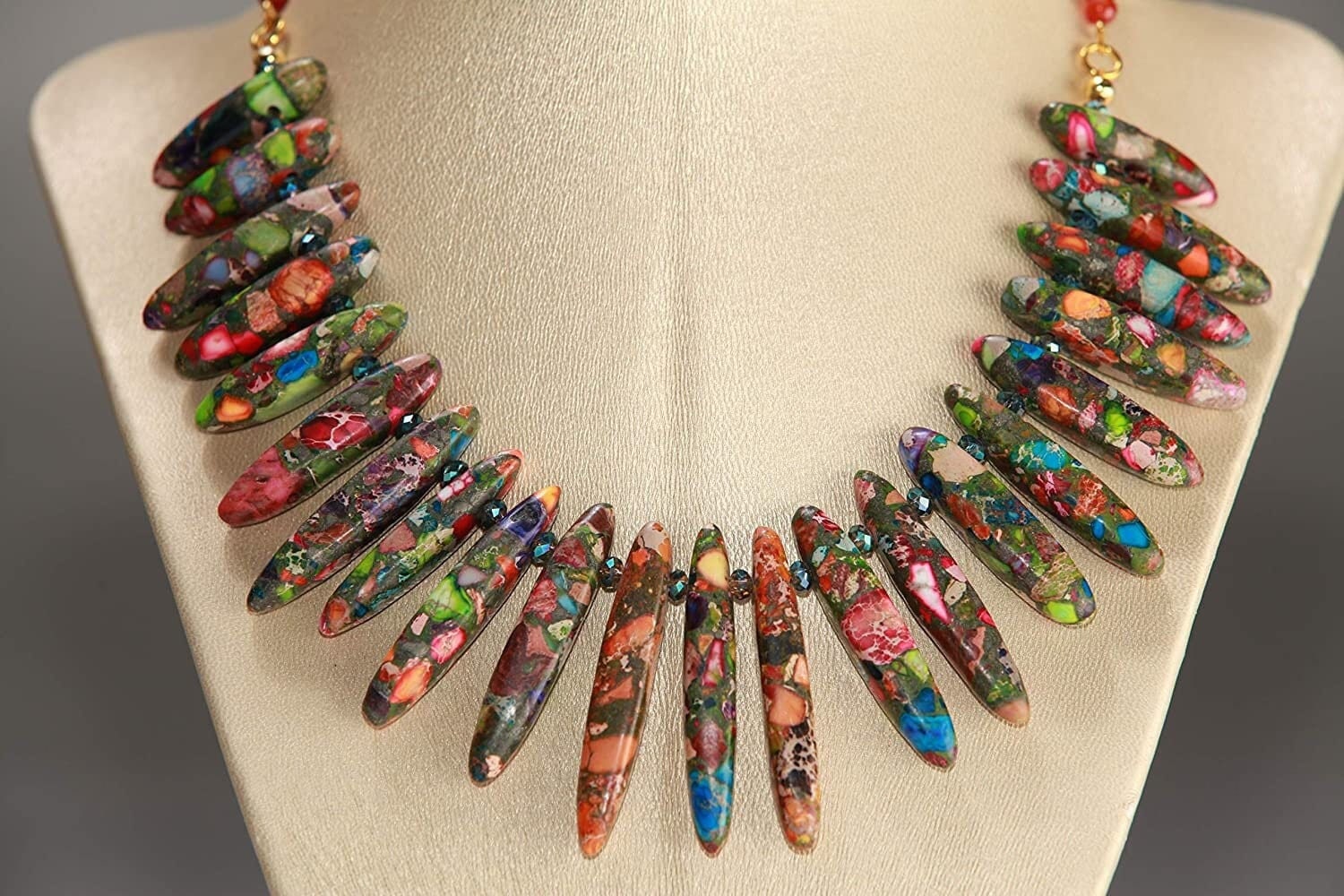 Multi Color Graduated Impression Jasper 28-45mm spike Necklace, 4mm Faceted Carnelian, Gold, Boho Statement Bib Necklace 18&quot;+2&quot; extension