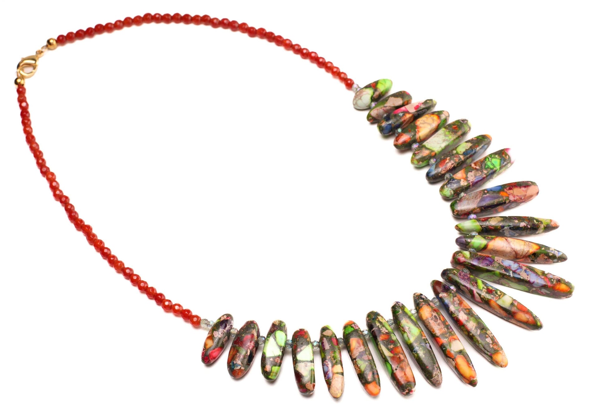 Multi Color Graduated Impression Jasper 28-45mm spike Necklace, 4mm Faceted Carnelian, Gold, Boho Statement Bib Necklace 18&quot;+2&quot; extension