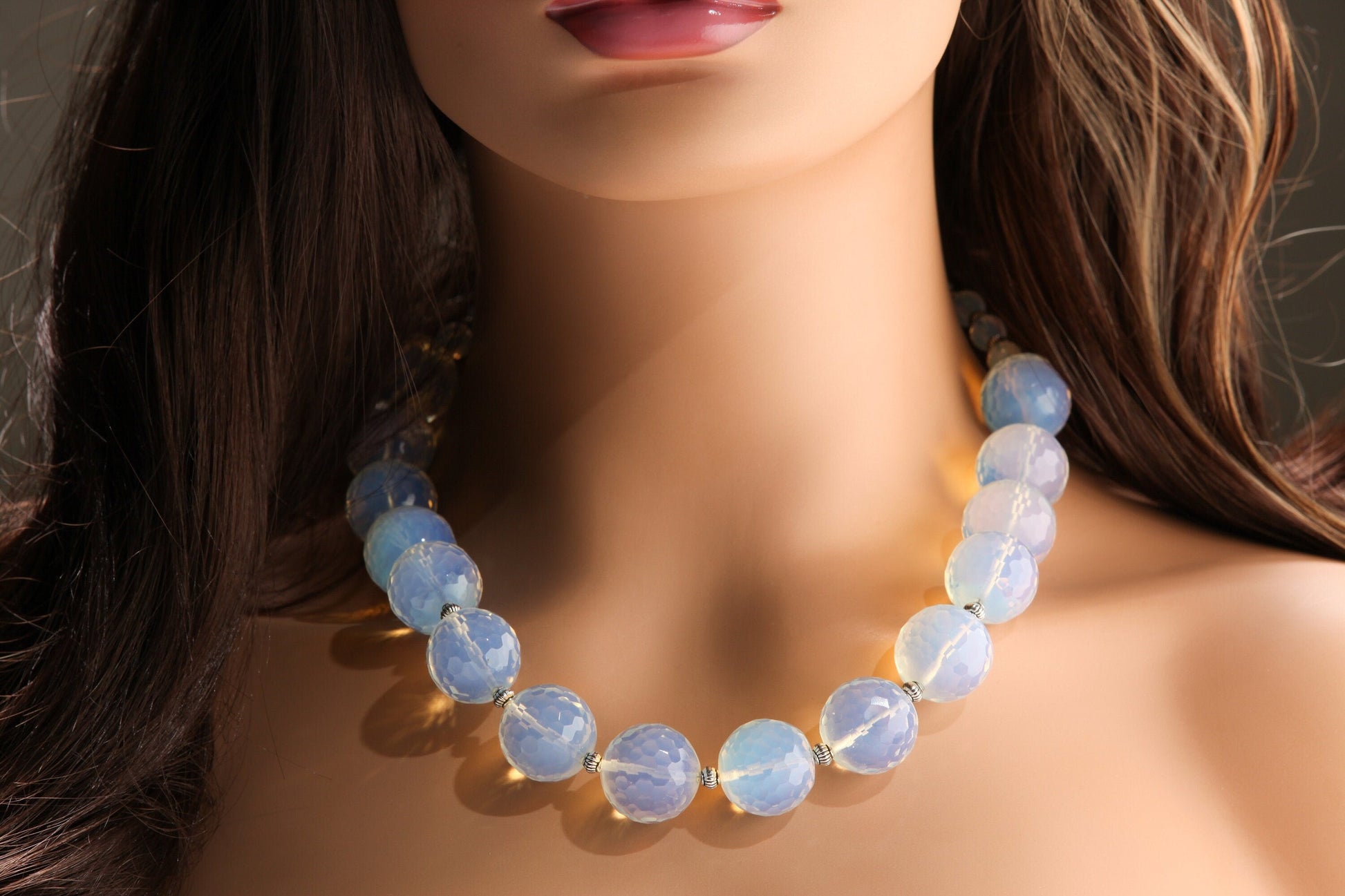 Opalite 18mm Faceted Round AAA quality with 6mm Faceted Opalite and Bali Spacer Beads 21.5" Necklace
