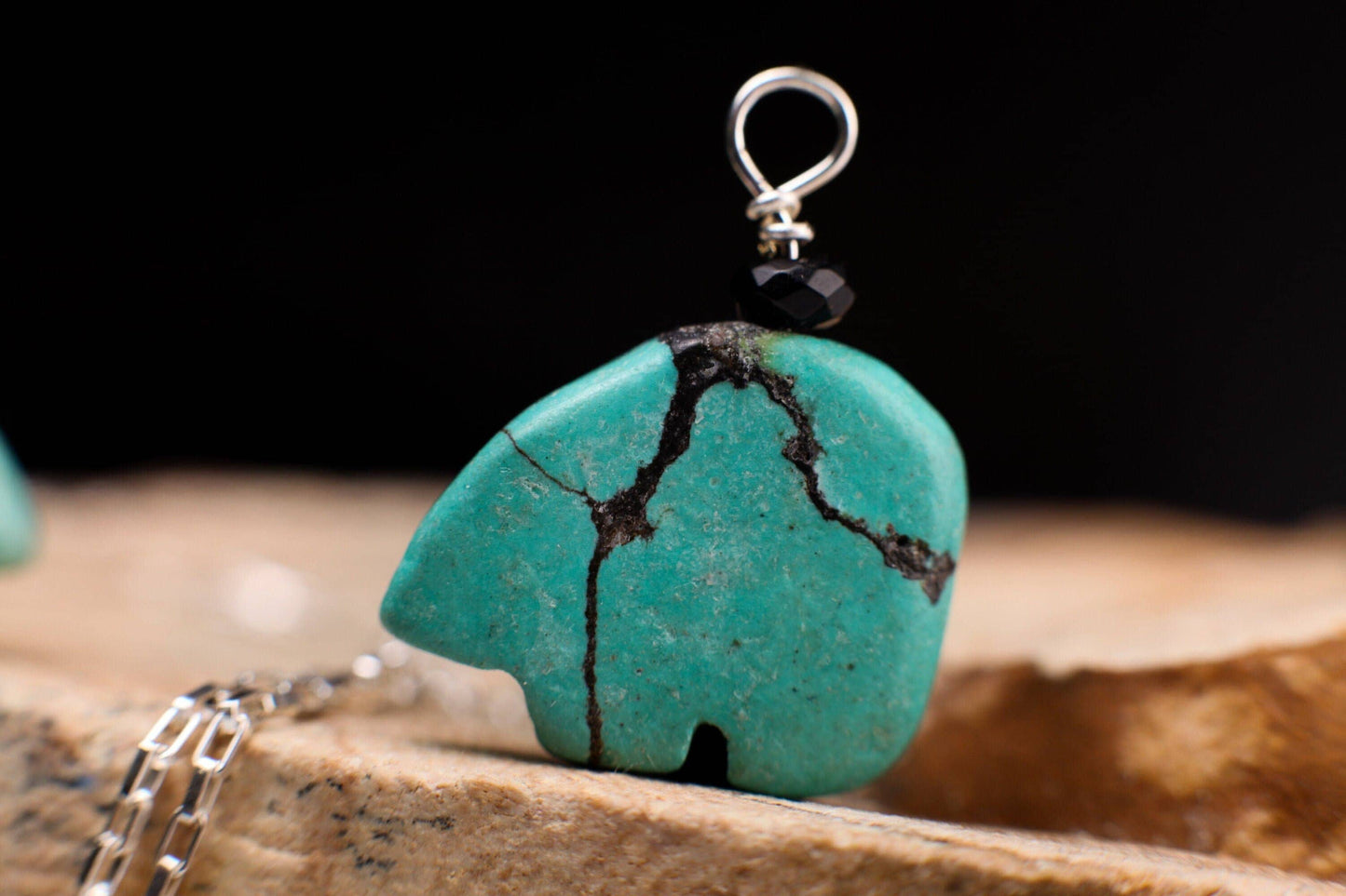 Genuine Tibetan Spiderweb Turquoise Carved Zuni Bear Vintage Gemstone Charm in 925 Sterling Silver Necklace Optional ,Choose your Bear .