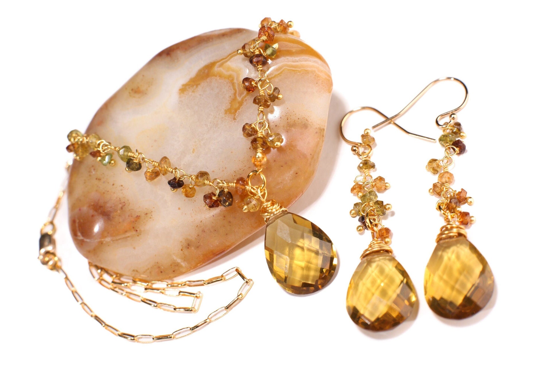 Honey Citrine Teardrop Pendant, Petro Brown Tourmaline Wire Wrapped Necklace, Matching Earrings Jewelry Set in 14k Gold Filled Handmade Gift