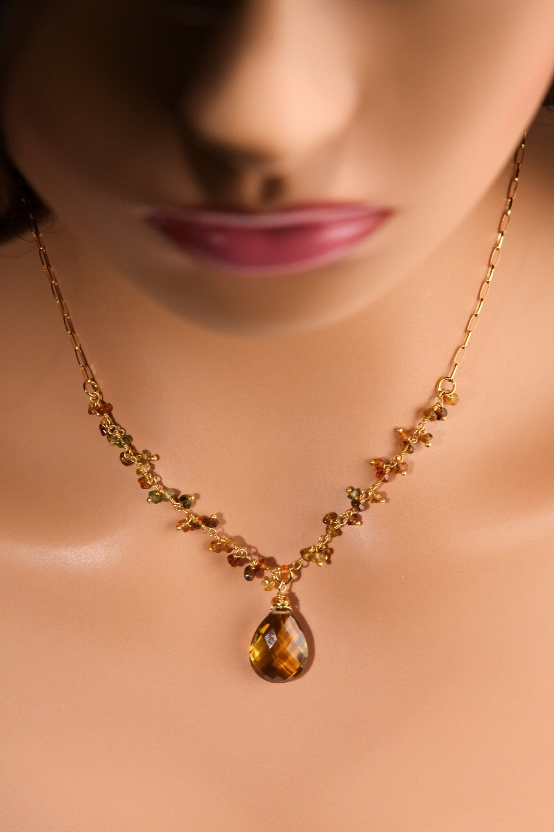 Honey Citrine Teardrop Pendant, Petro Brown Tourmaline Wire Wrapped Necklace, Matching Earrings Jewelry Set in 14k Gold Filled Handmade Gift