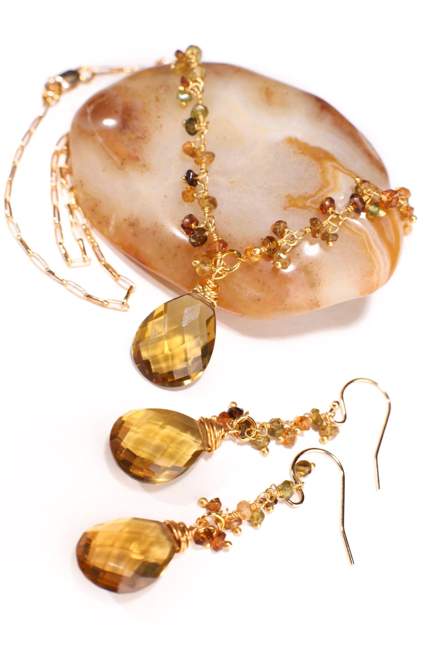 Honey Citrine Teardrop Pendant, Petro Brown Tourmaline Wire Wrapped Necklace, Matching Earrings Jewelry Set in 14k Gold Filled Handmade Gift