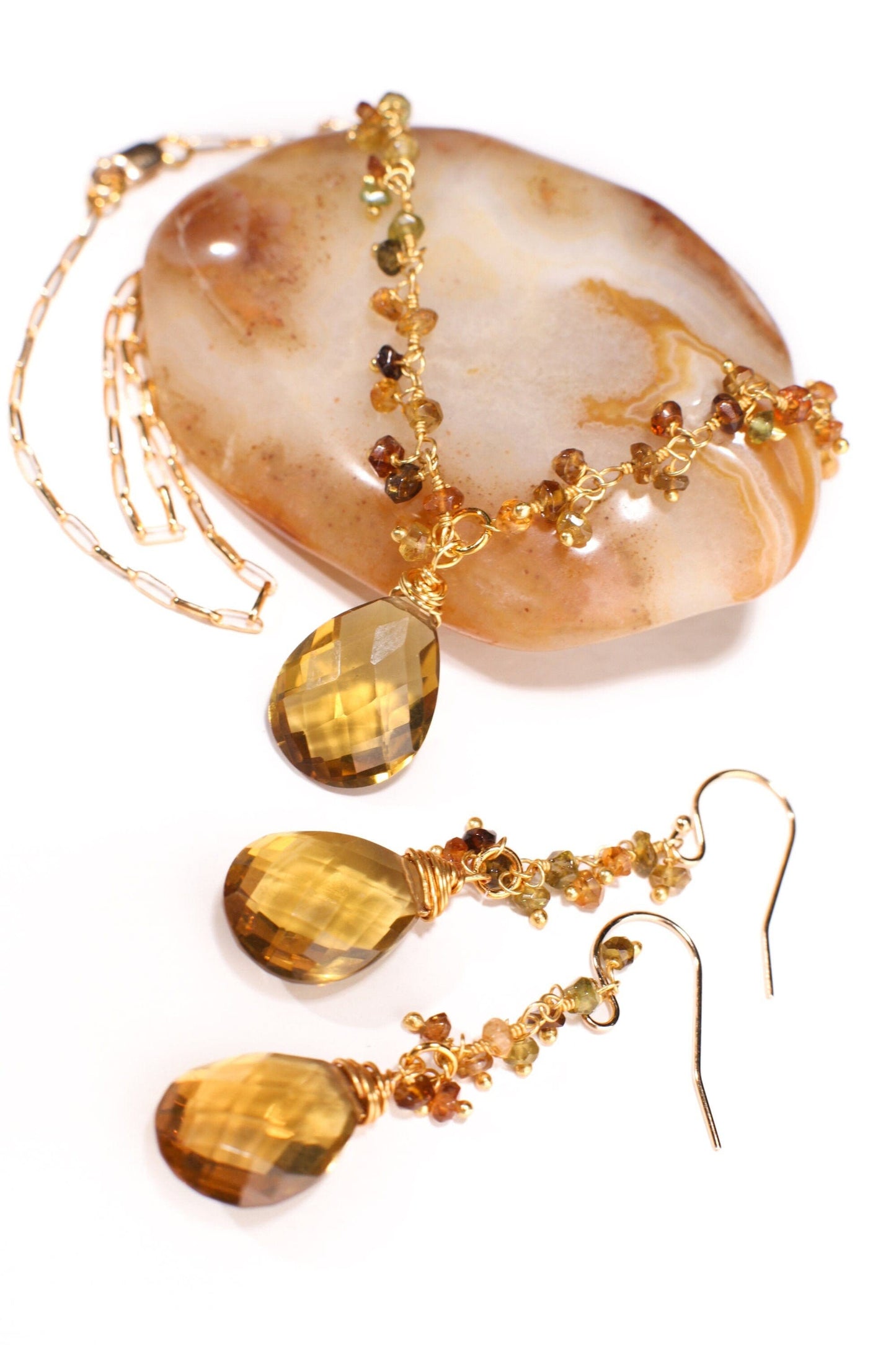 Honey Citrine Teardrop Pendant, Petro Brown Tourmaline Wire Wrapped Necklace, Matching Earrings Jewelry Set in 14k Gold Filled Handmade Gift