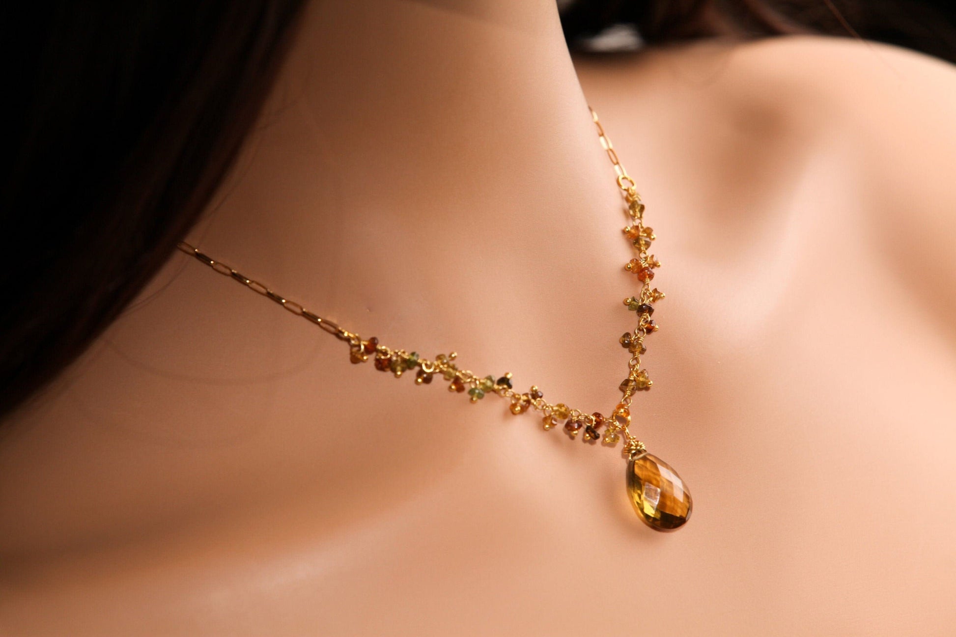 Honey Citrine Teardrop Pendant, Petro Brown Tourmaline Wire Wrapped Necklace, Matching Earrings Jewelry Set in 14k Gold Filled Handmade Gift