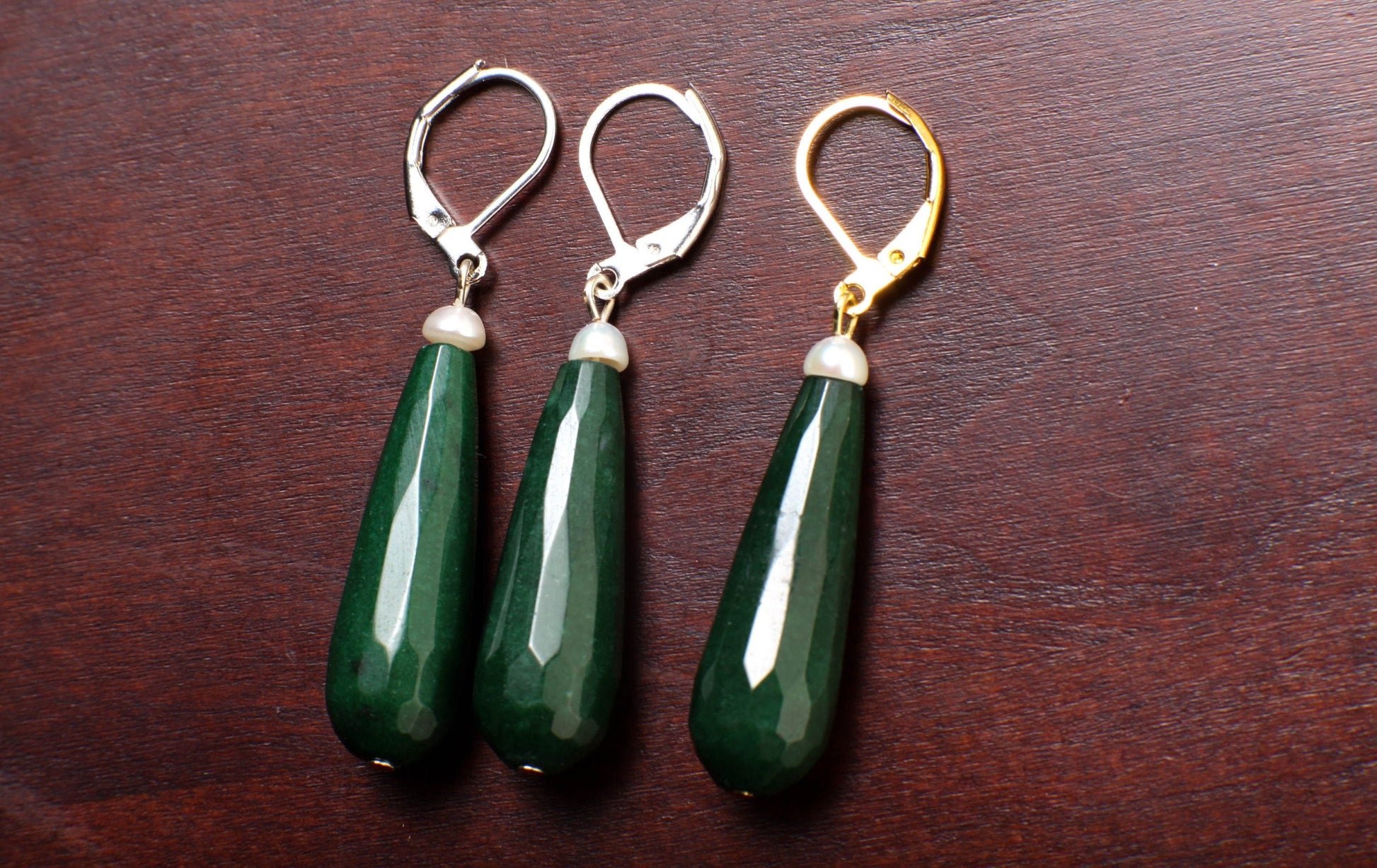 Dark Green Emerald Jade 20×40mm Long Teardrop with Freshwater Button Pearl, Silver or Gold Leverback Earrings, Gift for her