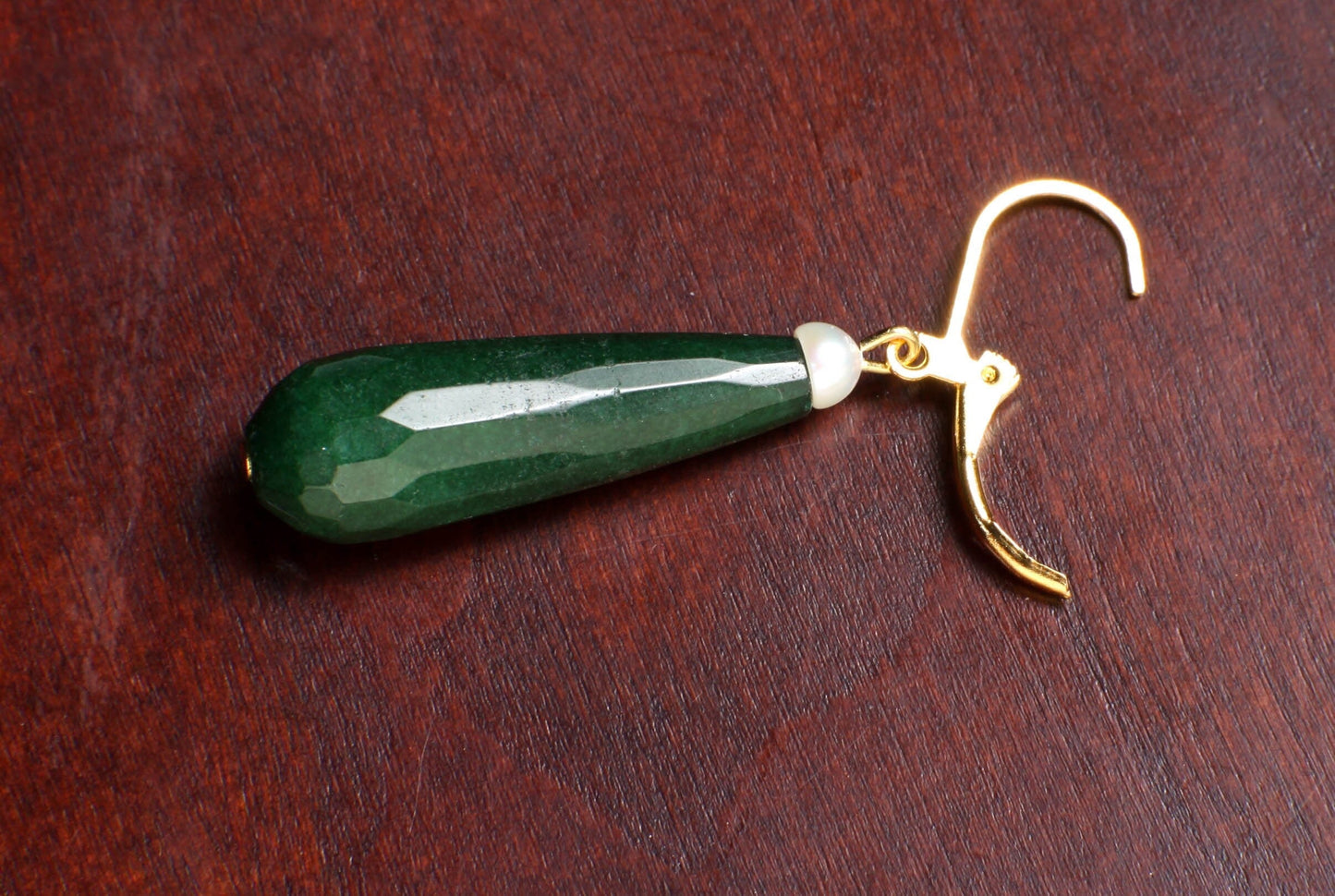 Dark Green Emerald Jade 20×40mm Long Teardrop with Freshwater Button Pearl, Silver or Gold Leverback Earrings, Gift for her