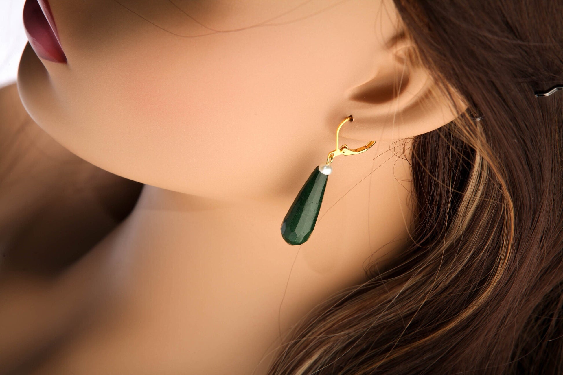 Dark Green Emerald Jade 20×40mm Long Teardrop with Freshwater Button Pearl, Silver or Gold Leverback Earrings, Gift for her