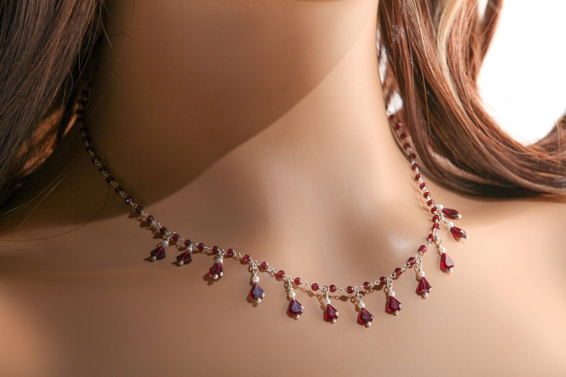 Genuine Garnet Faceted Merlot Red Silver Clusters and Dangling 5x7mm Triangular Garnet Freshwater Pearl 925 Sterling Silver Clasp, Bridal.