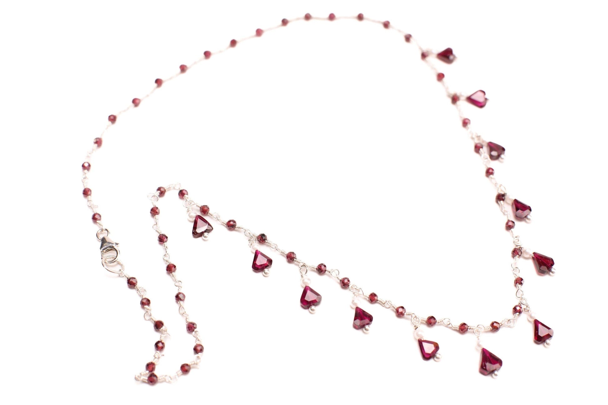 Genuine Garnet Faceted Merlot Red Silver Clusters and Dangling 5x7mm Triangular Garnet Freshwater Pearl 925 Sterling Silver Clasp, Bridal.